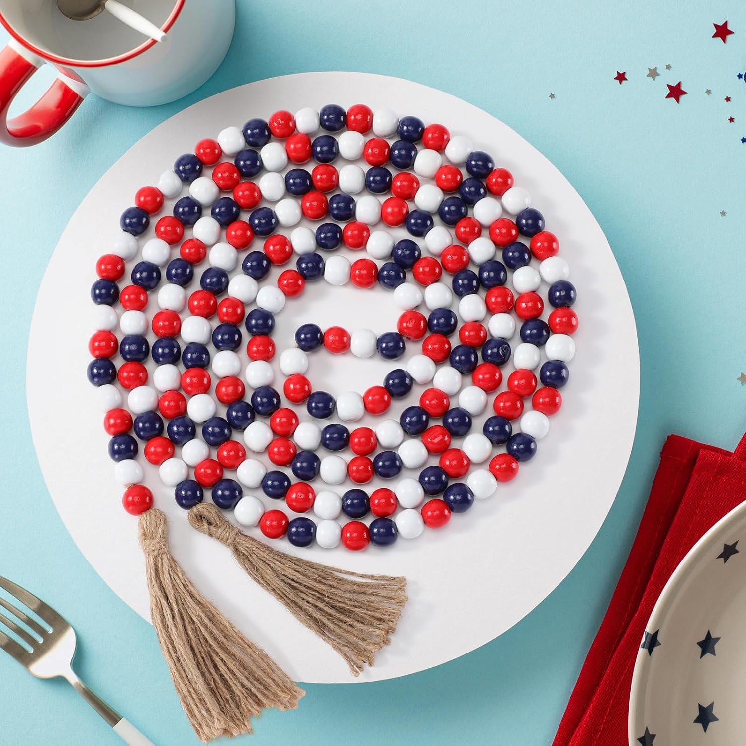 Wooden Bead Garland / Red, White, Blue