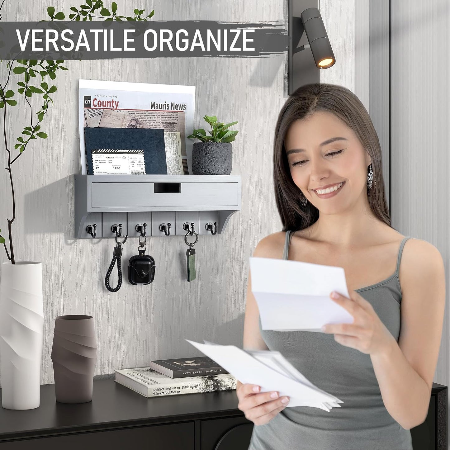 Modern Pine Wood Key Holder Wall Mount / Gray / 1-drawer