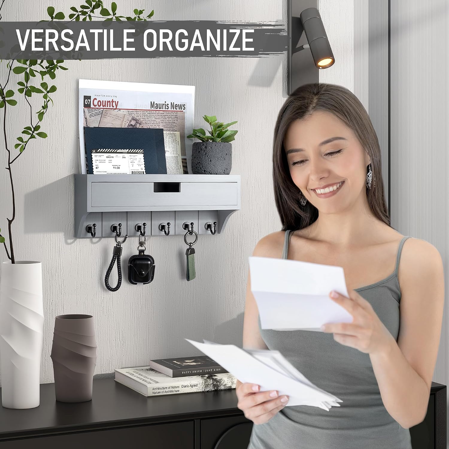 Modern Pine Wood Key Holder Wall Mount / Gray / 1-drawer