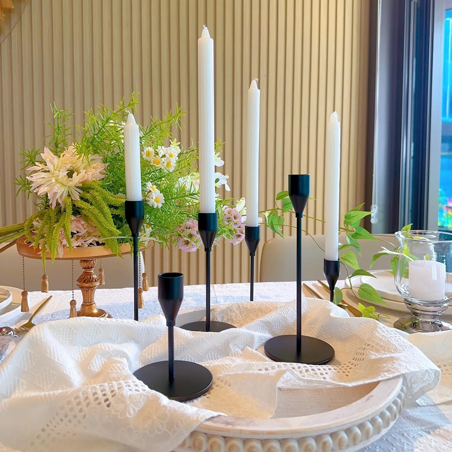 Black Candlestick Holders, Metal Taper Candle Holders, Set of 6 | Elegant matte black candle stands, 3 heights, for