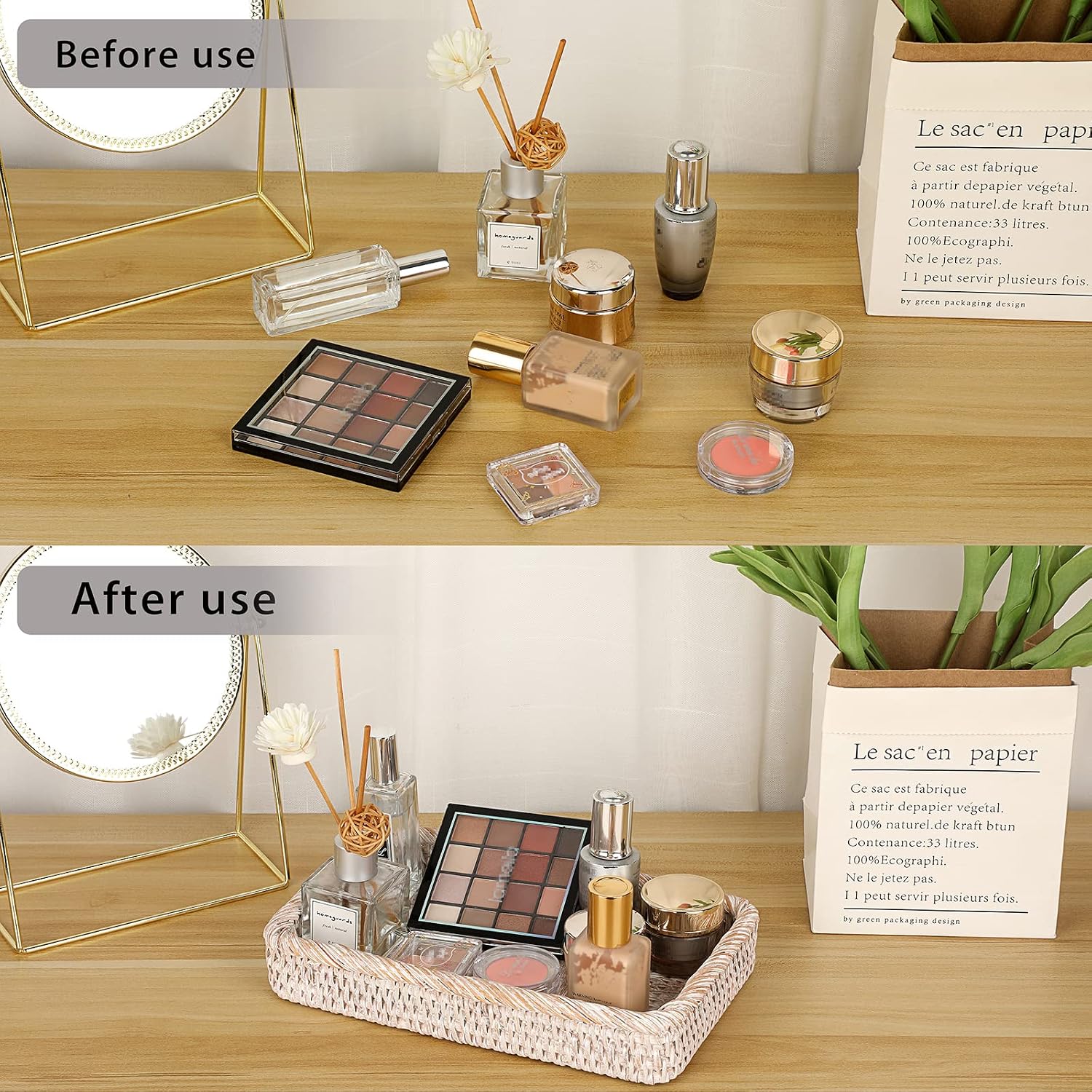 Rattan Bathroom Vanity Tray / White / 10 x 6.1 x 1.8