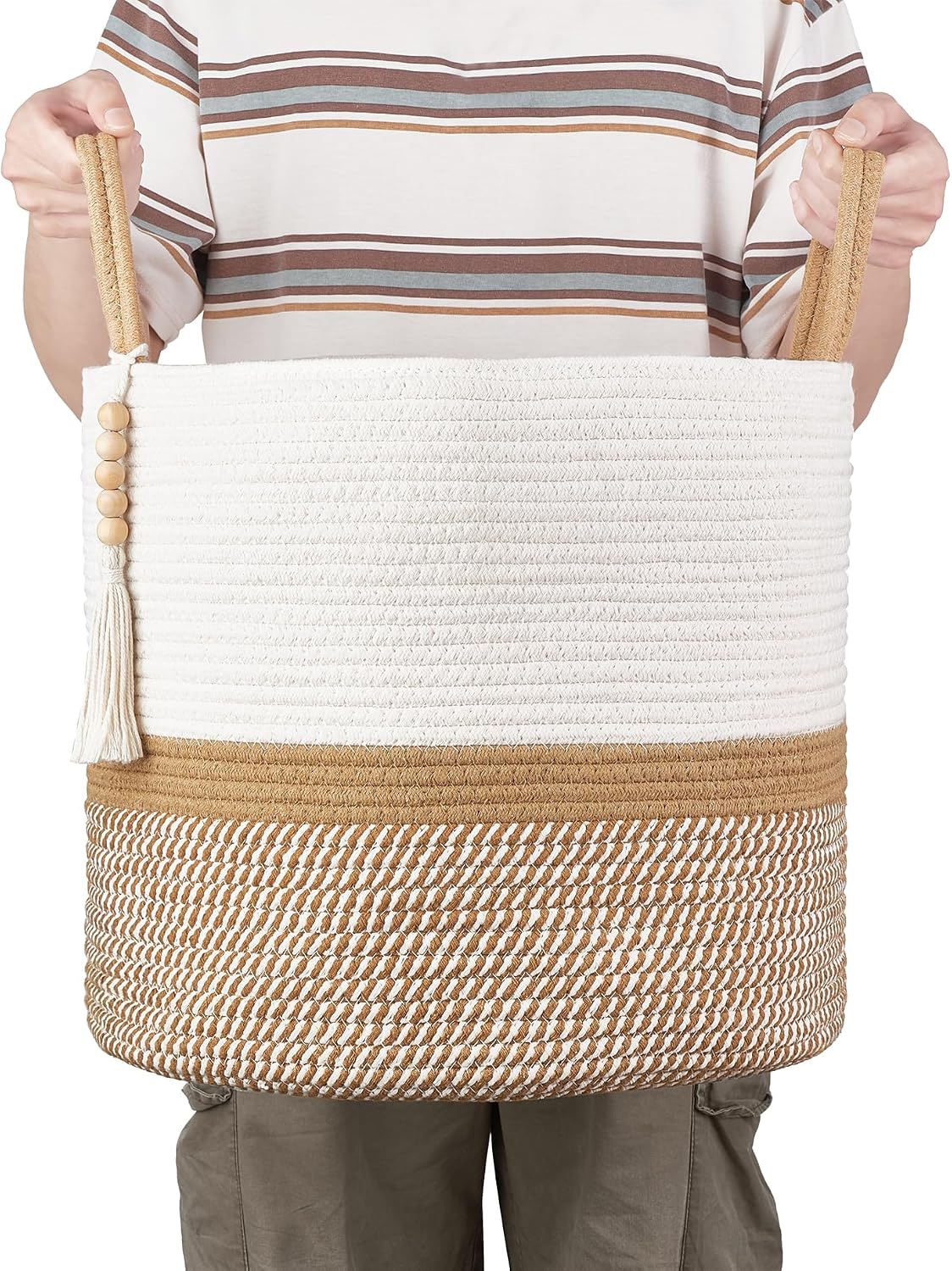 Woven Storage Basket Decorative Natural Rope Basket Wooden Bead / White and Brown / 16" W x 13.8"L