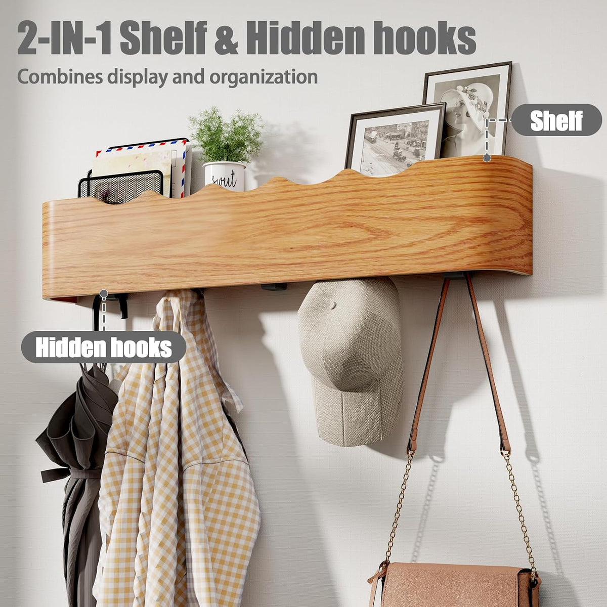 Coat Rack Wall Mount with Shelf 5 Hidden Hooks Modern Wooden Key Holder Entryway Organizer for Hallway Bedroom Bathroom