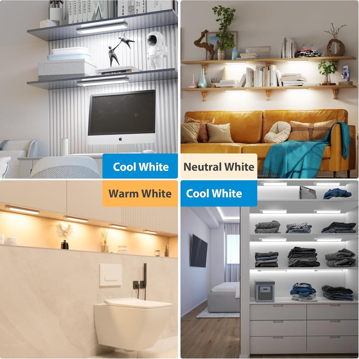 5-Pack Motion Sensor Under Cabinet Light, 3CCT, 7.9 inch | 3 Color Temperature, Dimmable, Rechargeable, Magnetic Closet