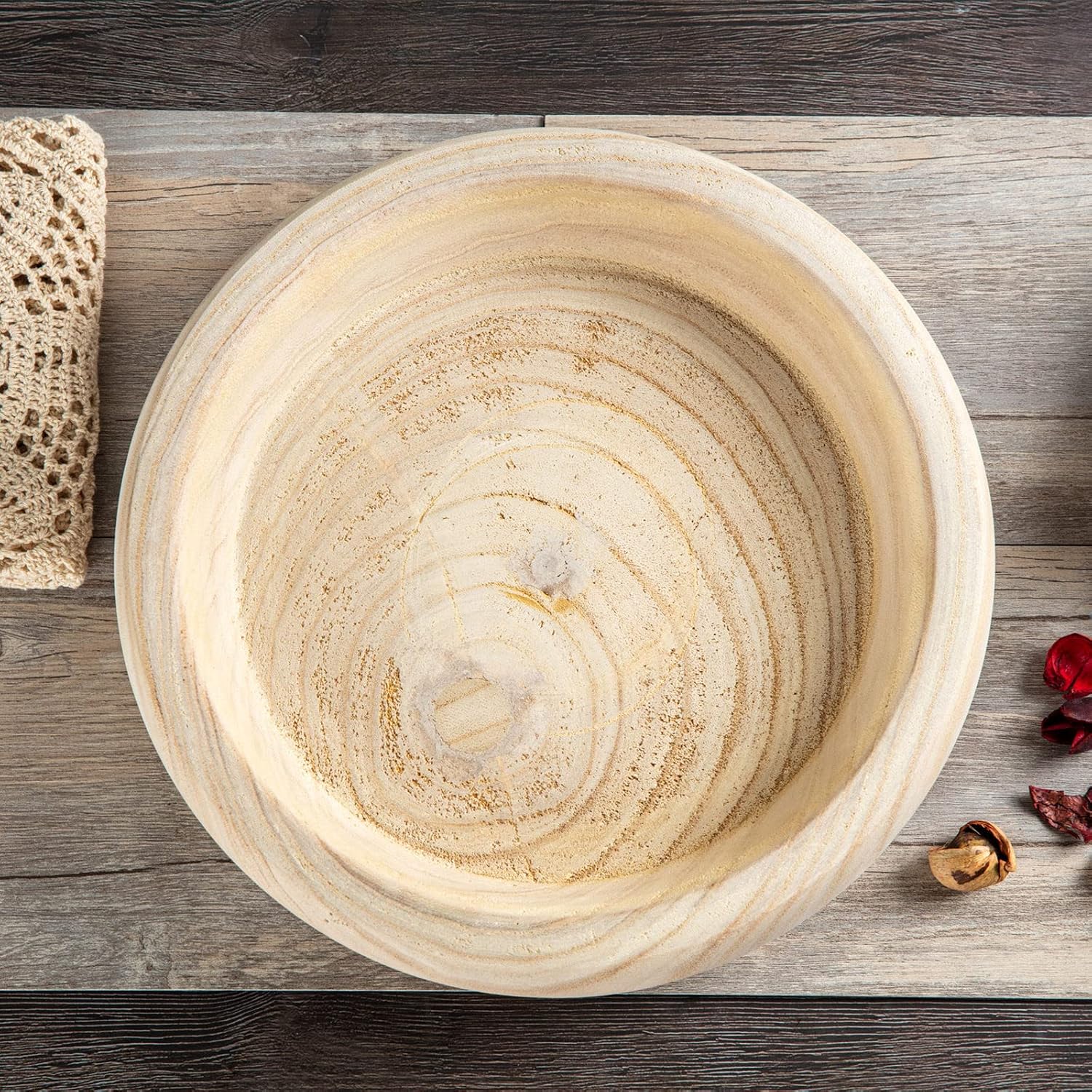 Decorative Wood Bowl Hand Carved Centerpiece Paulownia Round Dough Serving / Natural / 11.4 Inch
