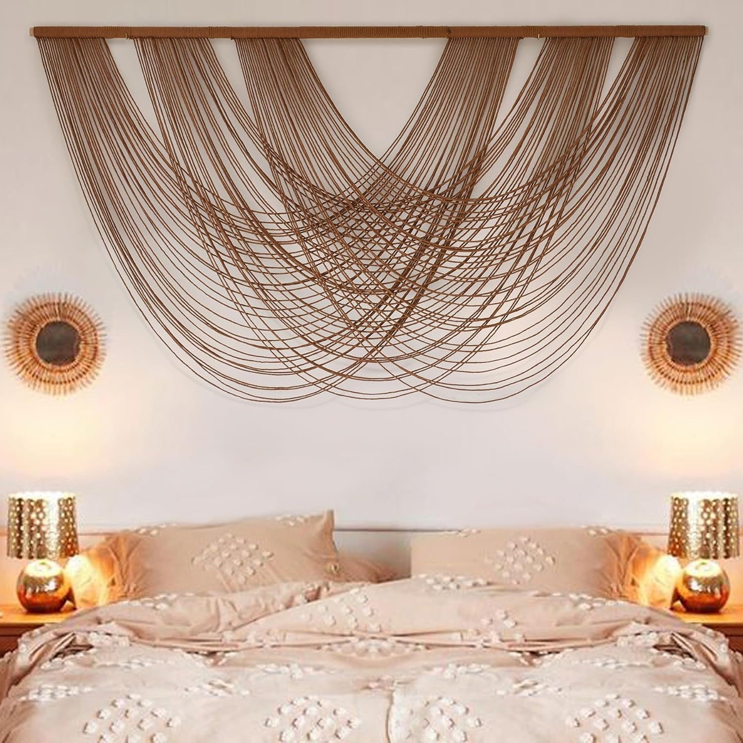 Large Macrame Wall Hanging Brown Die-Dyed 59.00" W x 31.00" L Boho Wall Decor Yarn Tapestry Craftsmanship Home Macrame