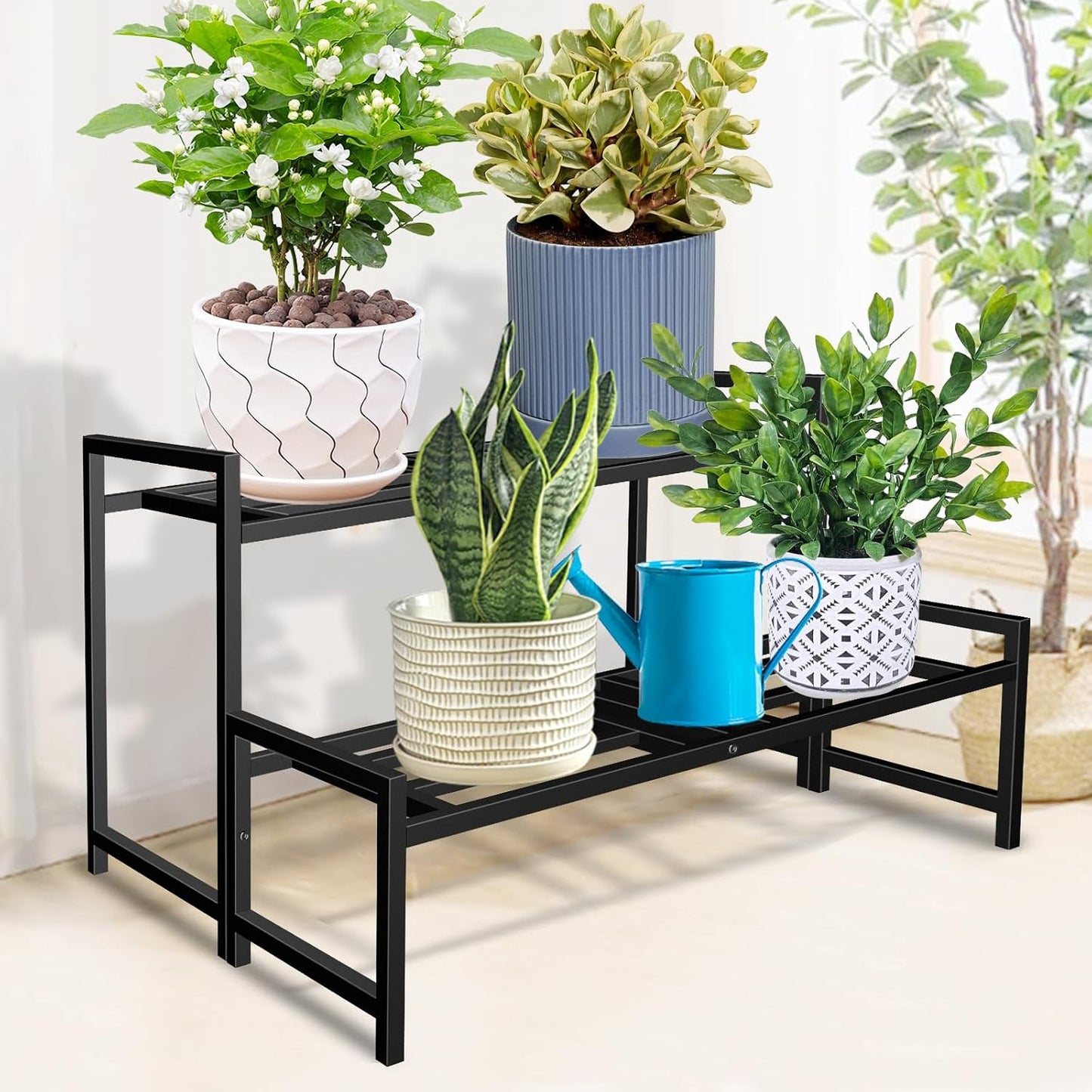 Plant Stand Indoor Outdoor, 2-Tier Stackable Wrought Iron Plant Stands | Metal Plant Shelf Decorative Outdoor Flower