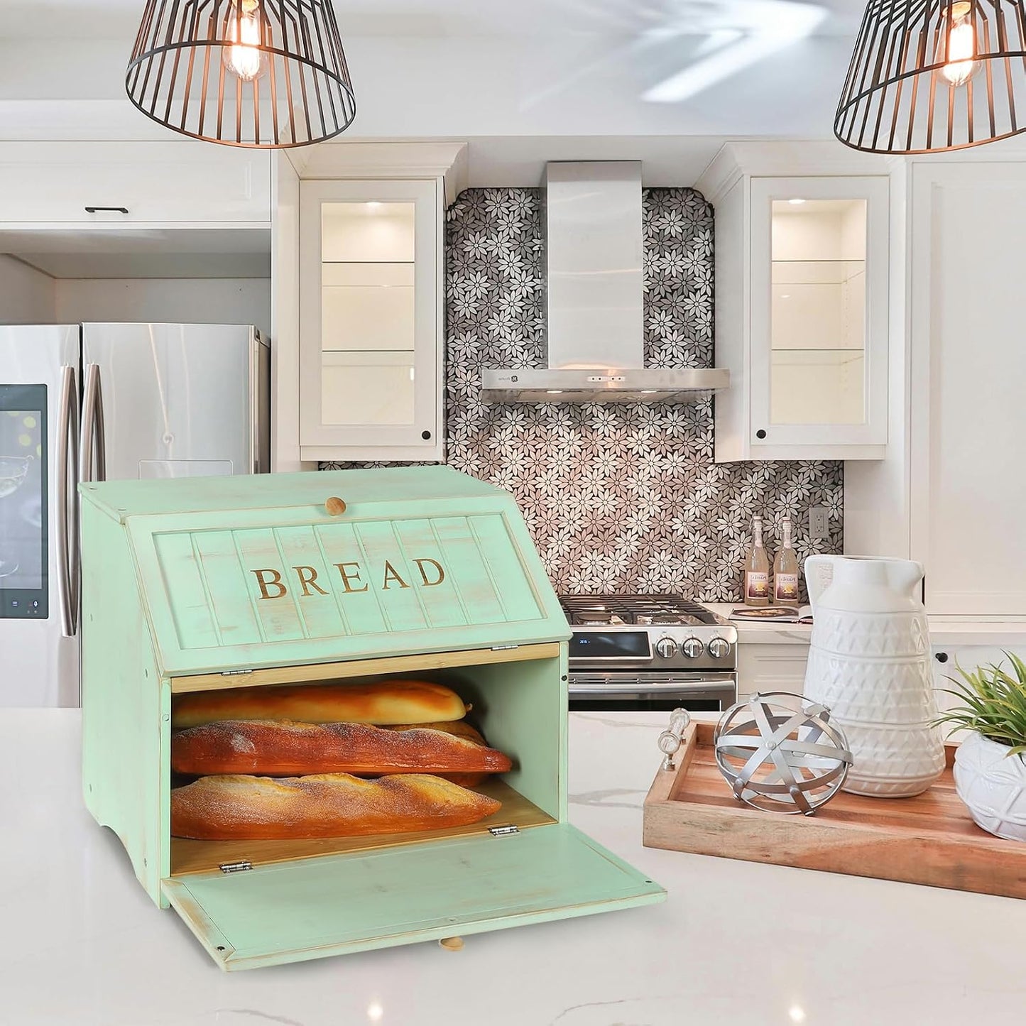HOMEKOKO Retro Double Layer Large Bread Box for Kitchen Counter, Mint Green | Keeps Bread Fresh 3-4 Days, 2-Tier
