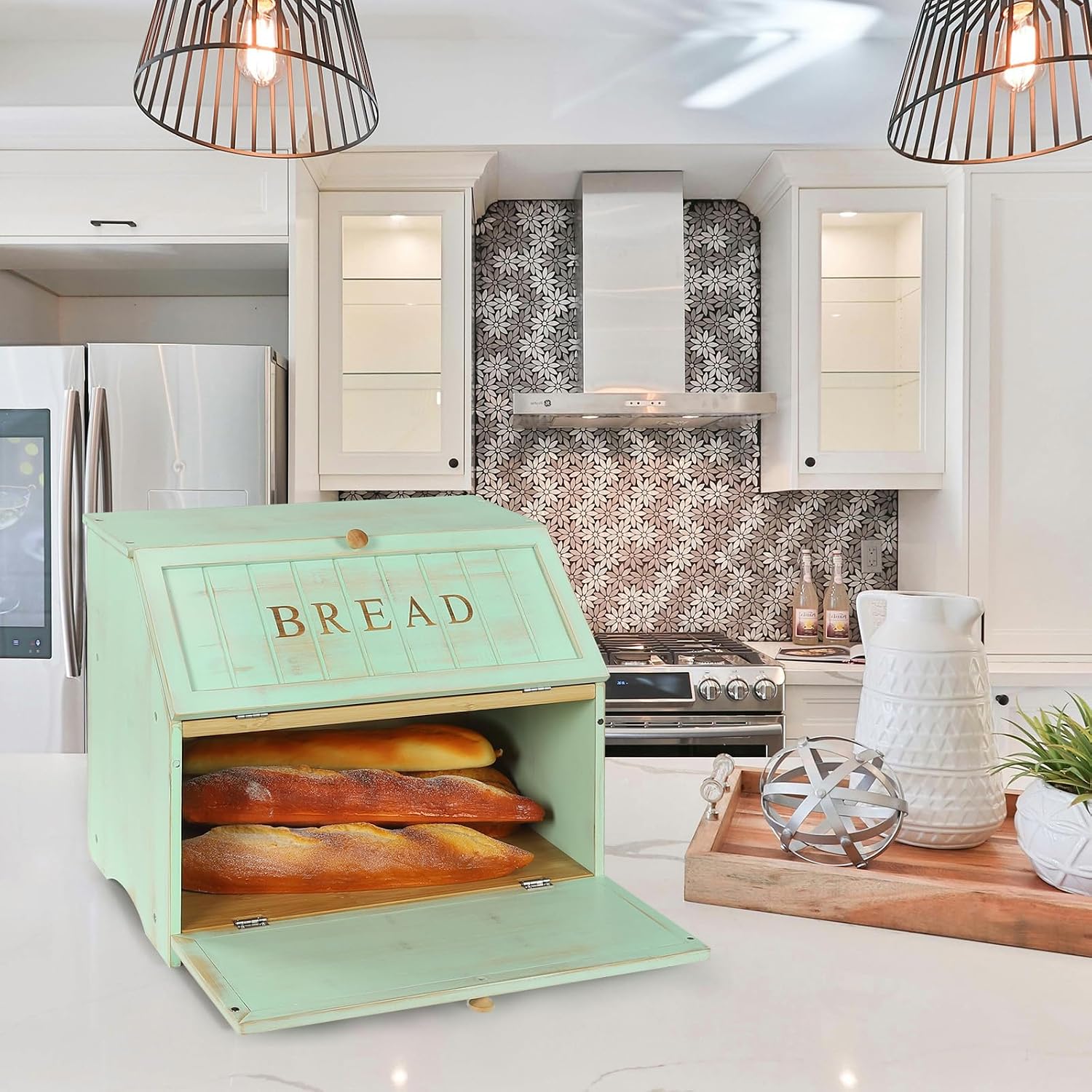 HOMEKOKO Retro Double Layer Large Bread Box for Kitchen Counter, Mint Green | Keeps Bread Fresh 3-4 Days, 2-Tier