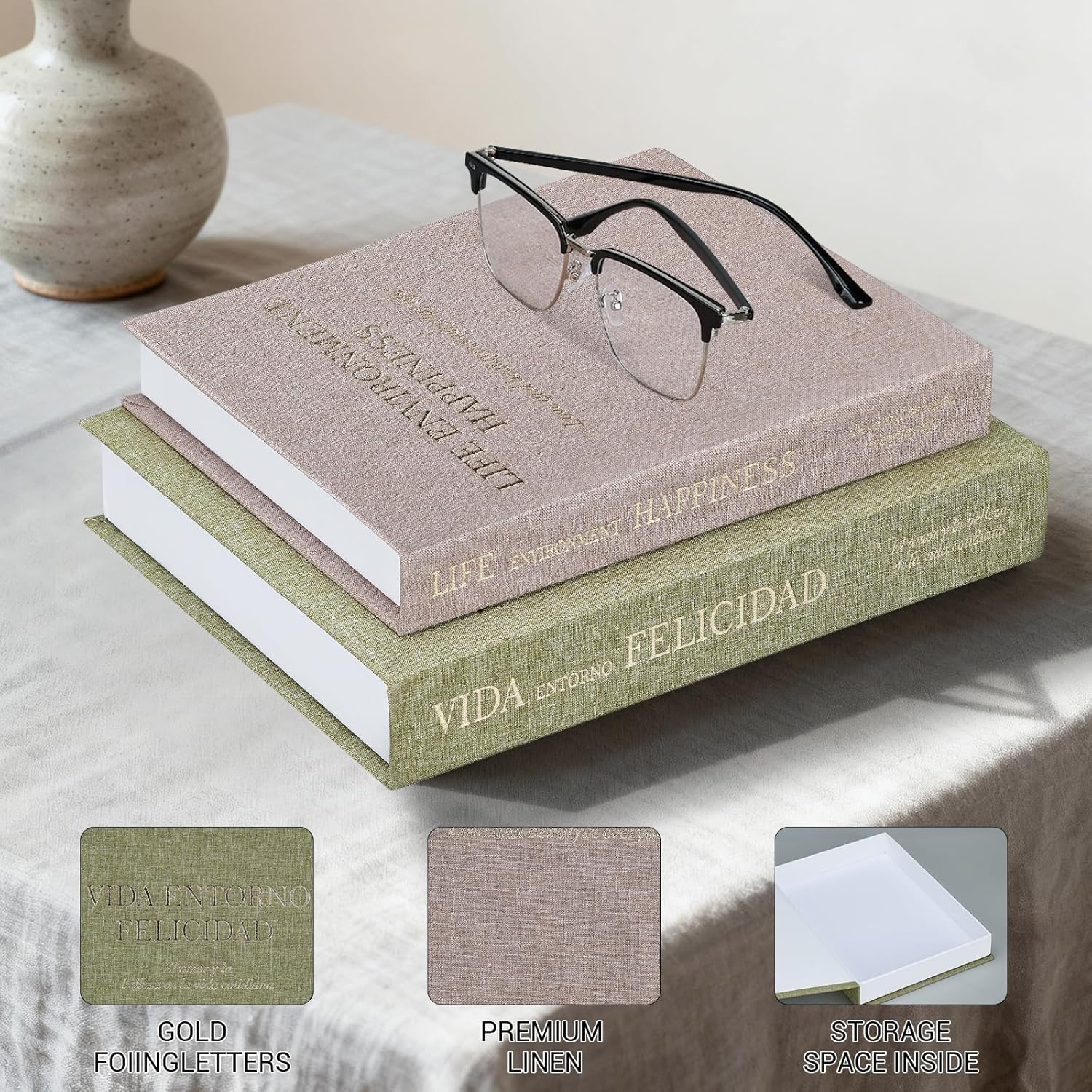 & Purple Linen Faux Book Boxes / Green / Set of 2