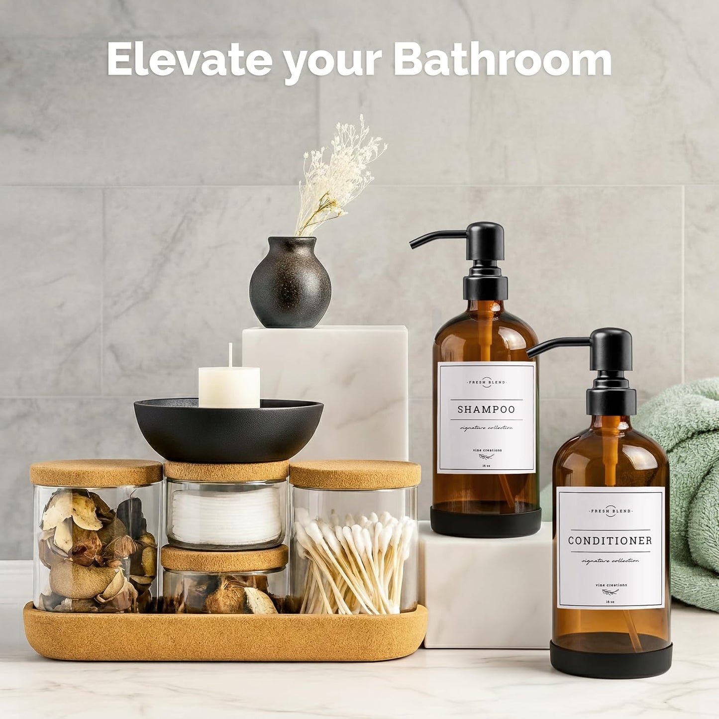 Vine Creations Amber Glass Soap Dispenser, 2 Pack Kitchen Soap Dispenser Set with Stainless Steel Pump, 16 oz Dish Soap