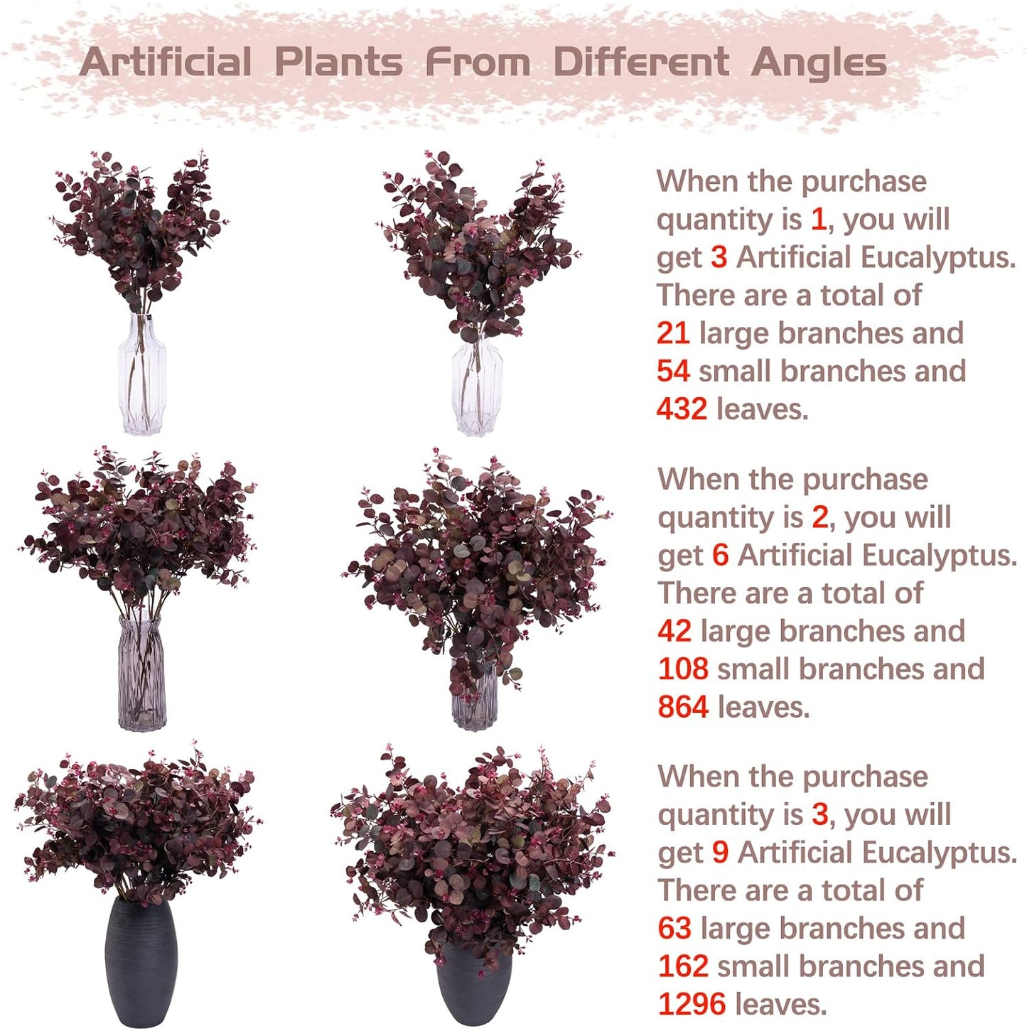 Artificial Plants Silk Eucalyptus Leaves Tall 29" Eucalyptus Stems Branches / Wine Red / Set of 3