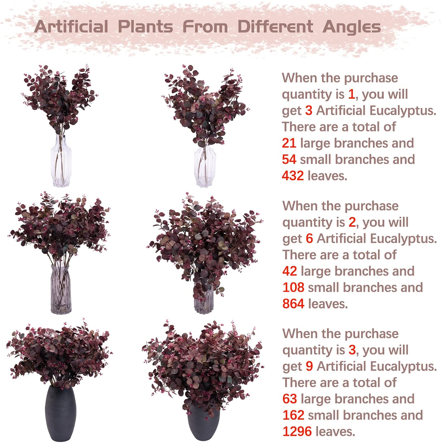 Artificial Plants Silk Eucalyptus Leaves Tall 29" Eucalyptus Stems Branches / Wine Red / Set of 3