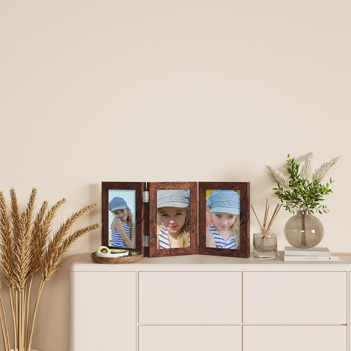 decorUhome Distressed Brown Triple 5x7 Picture Frame Vertical, MDDBN08 | "Z" Shape Folding Design Engineered Wood