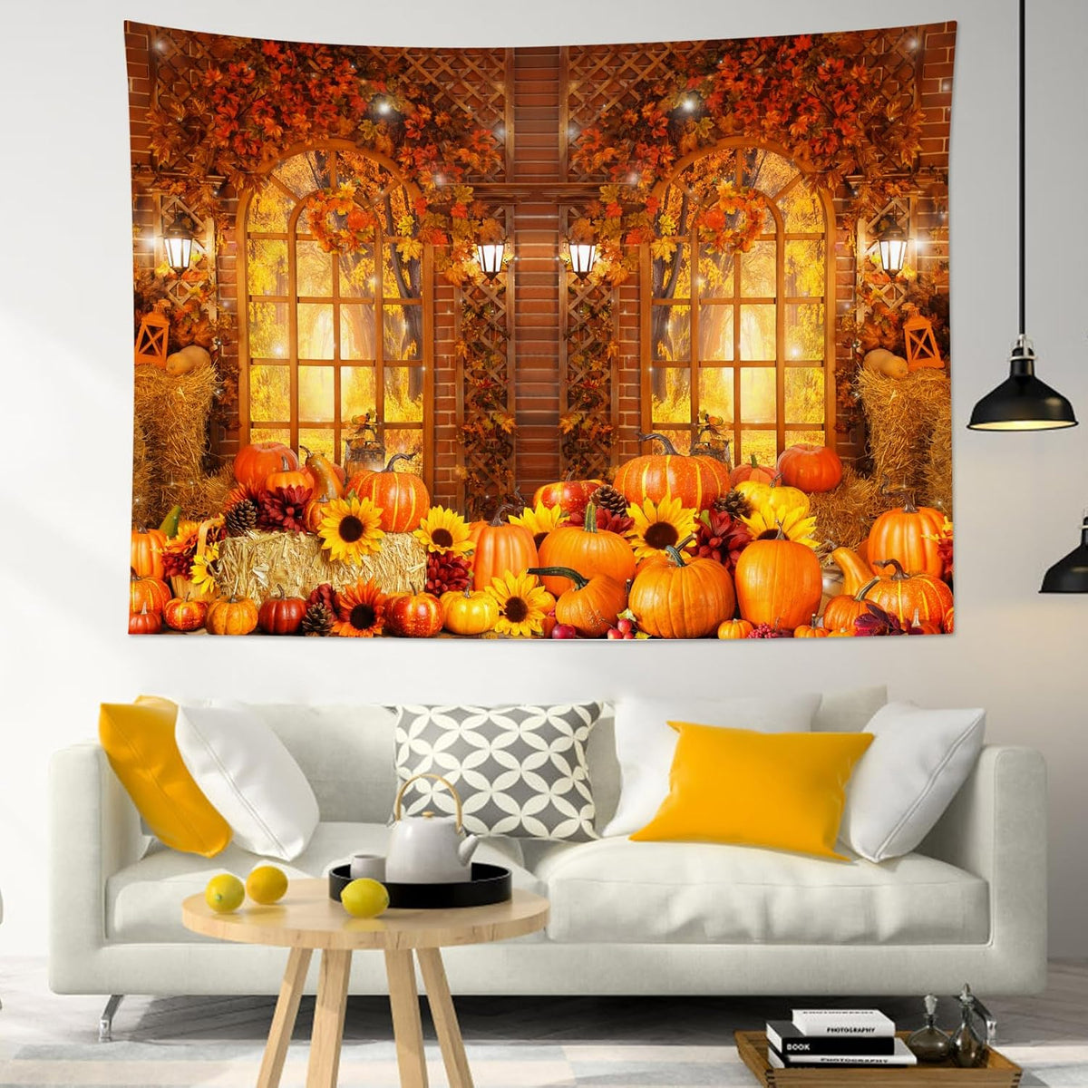 HVEST Fall Tapestry Wall Hanging Rustic Orange Pumpkin and Sunflower in Maple Tree Forest Tapestry for Bedroom, Autumn Thanksgiving Tapestries for Living Room Home Holiday Wall Decor, 59W x 51H inches