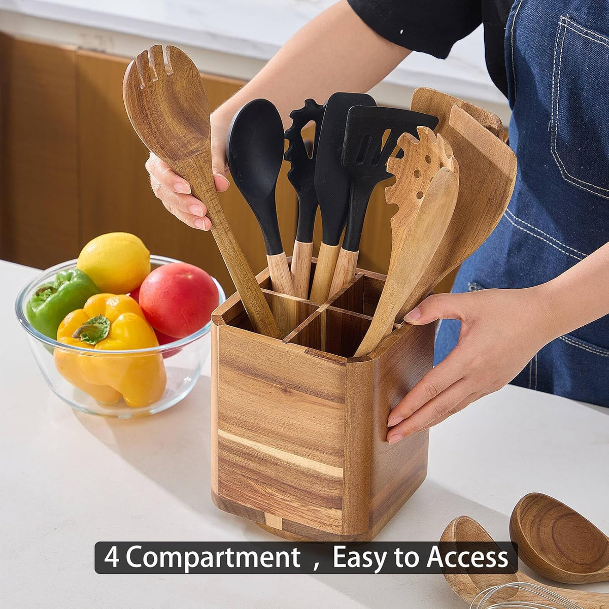 Wood Utensil Holder for Kitchen Counter, 360° Rotating Kitchen Utensil Holder, 7.2"x 6" Large Acacia Cooking Utensil