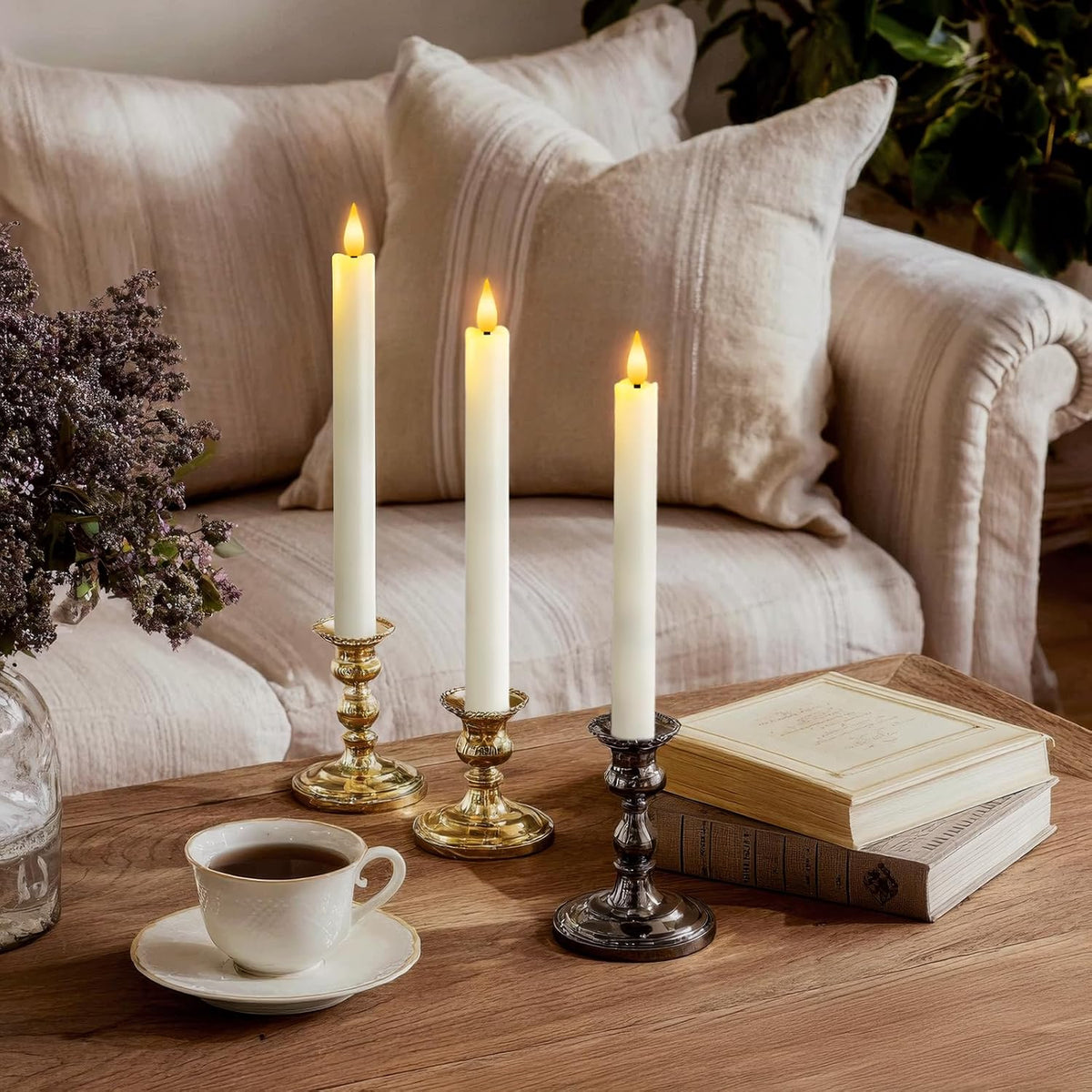 12 Pcs Flameless Taper Candles with Remote Timer, Battery Operated Window Candles, White Plastic LED Candlesticks, for