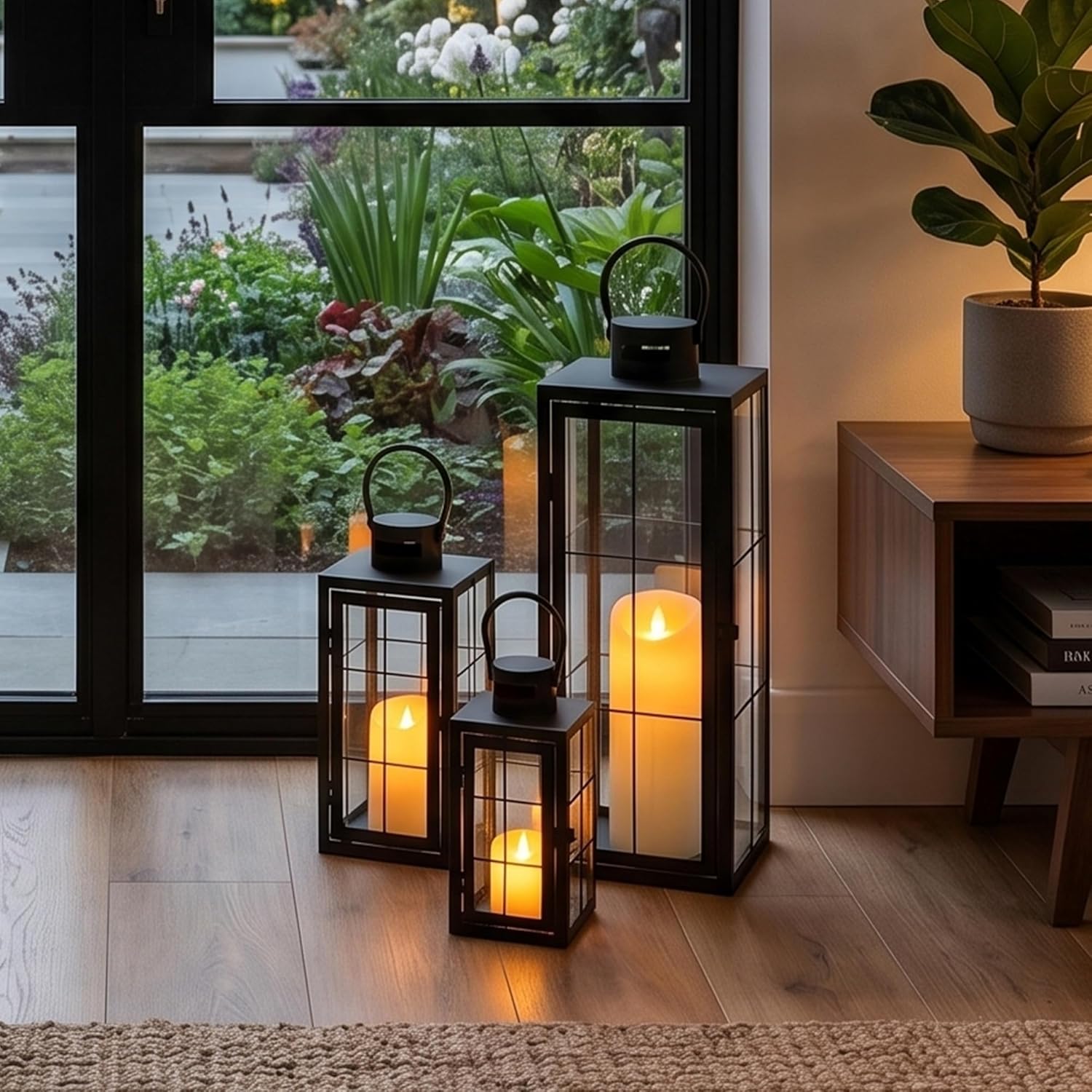 TRIROCKS Metal Candle Lantern Set of 3 - Assorted Sizes (9/15.5/19.5 Inch) - Tall Decorative Hanging Lanterns with