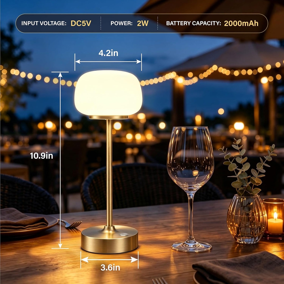 2 Pack Cordless Accent Table Lamp, 2700K Warm Light, 11" High, Gold | Opal Glass, Stepless Dimming, Portable