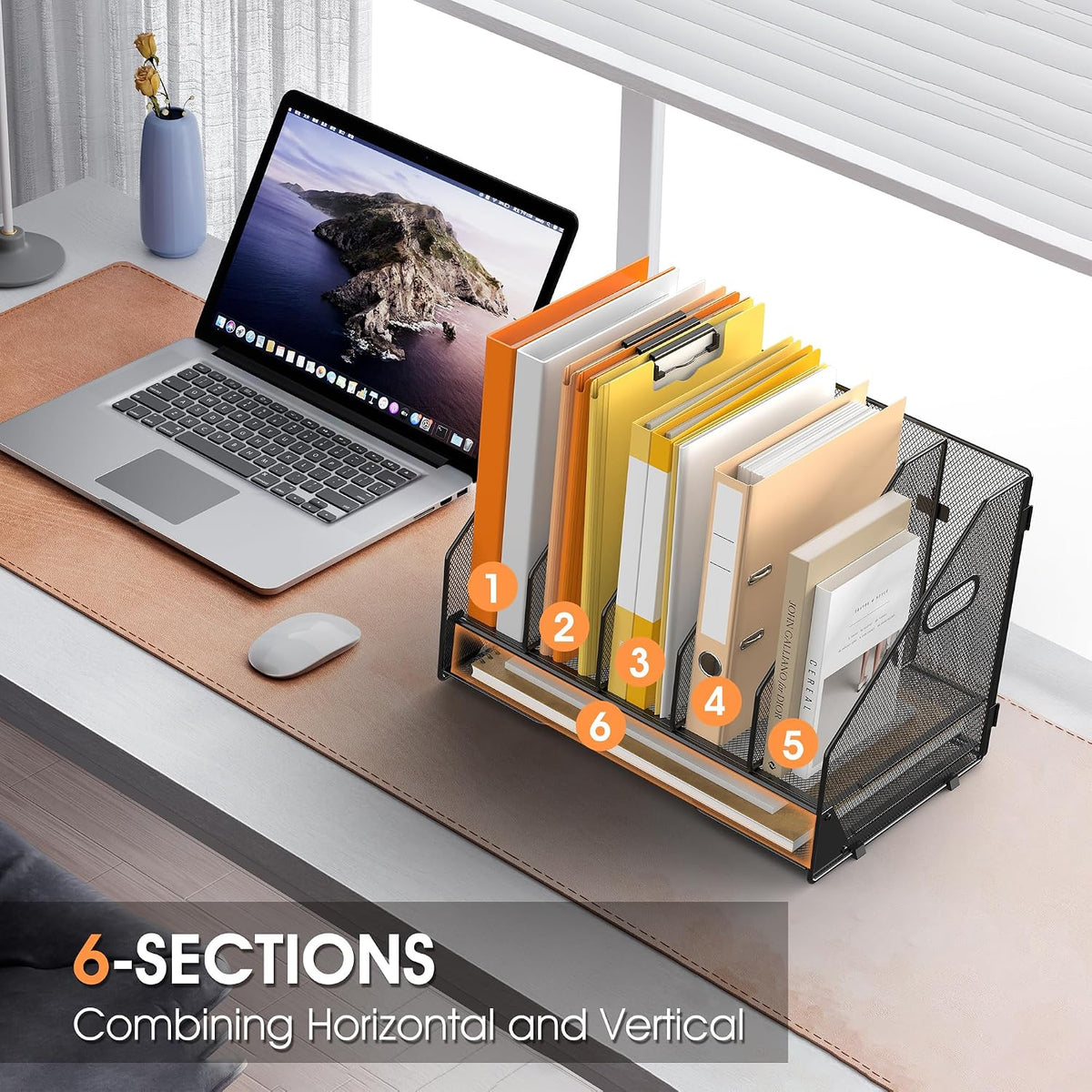 5 Vertical Mesh Desk Organizer with Paper Letter Tray, Black | Sorting racks with lower letter tray section.