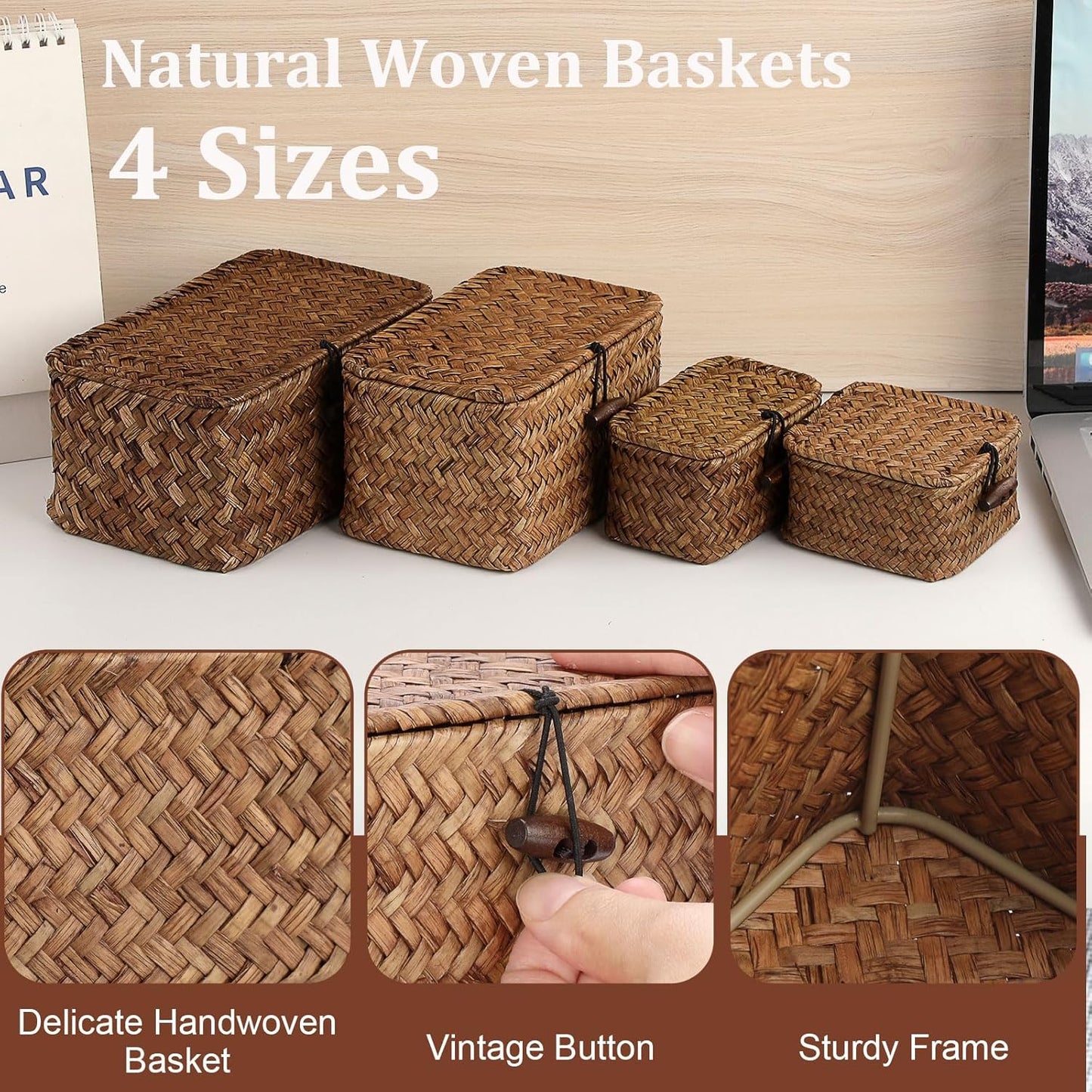Handwoven Seagrass Basket Wicker Shelf Basket / 7.0"L x 4.3"W x 3.3"H / Coffee Color