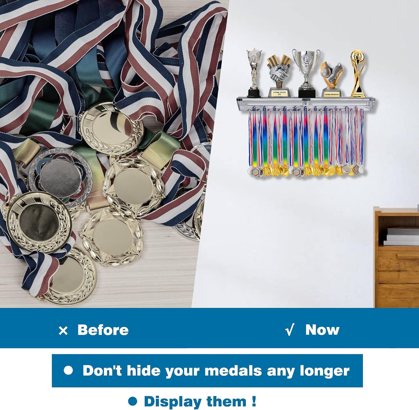 LAVIEVERT Gymnastic Medal Hanger with Storage Shelf, Wooden Wall-Mounted Trophy Shelf, Race Medal Display Rack Holder