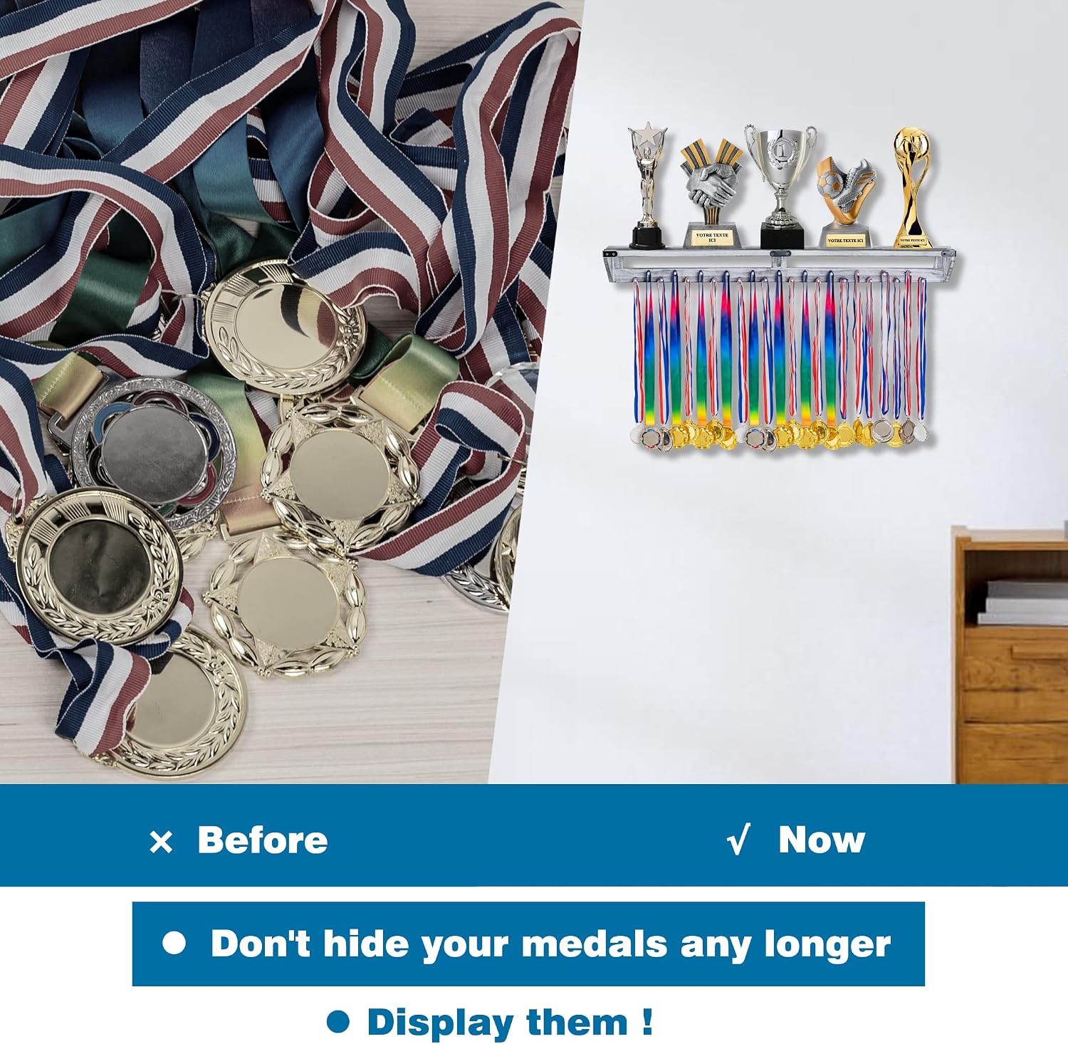LAVIEVERT Gymnastic Medal Hanger with Storage Shelf, Wooden Wall-Mounted Trophy Shelf, Race Medal Display Rack Holder