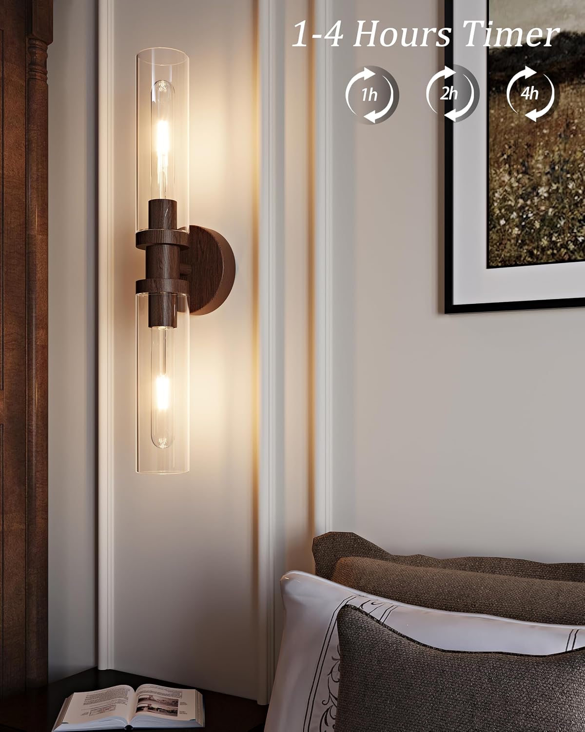 Rayogale Walnut Wireless Battery Operated Wall Sconces with Remote Control | Glass Rechargeable Wall Lights Set of 2