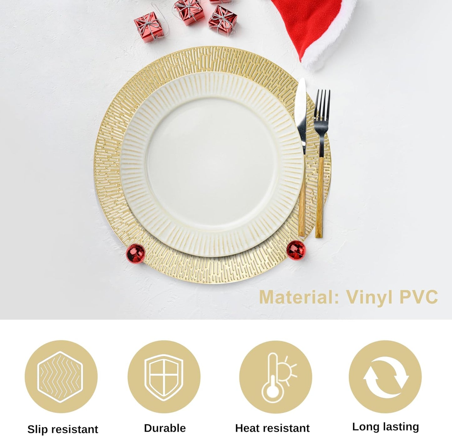 Snowkingdom Round Gold Placemats Set of 12, Gold Vinyl Metallic 15 Inch Round Placemat, Washable Wipeable Hollow Place