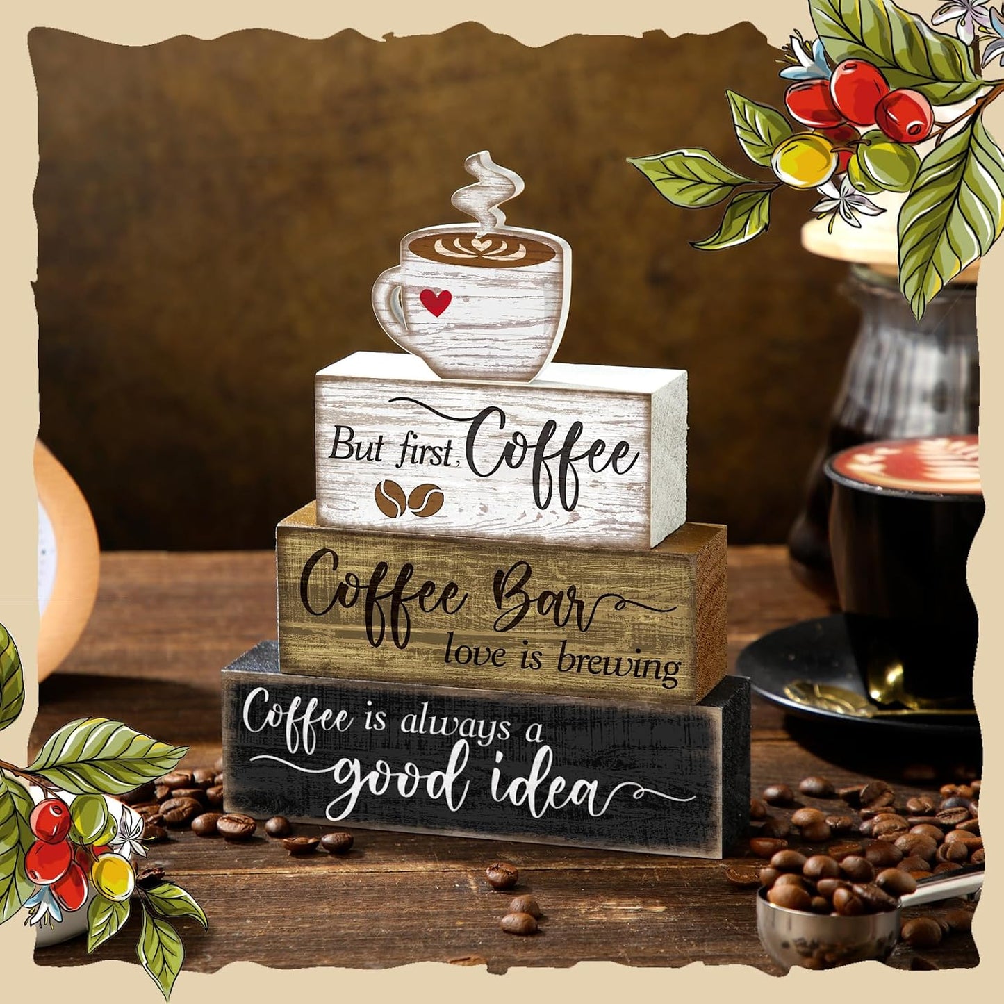 Wooden Tabletop Decor Coffee Tiered Tray Decor Rustic Wood Bar Sign Gift / Coffee Bar / Set of 4