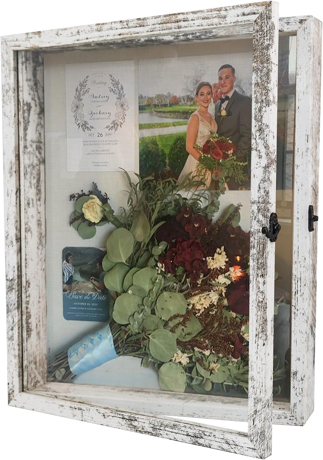 Wedding Shadow Box Frame for Couples 11x14,White | Shadow Box Display Case with Real Glass Window and Metal Lock,Memory
