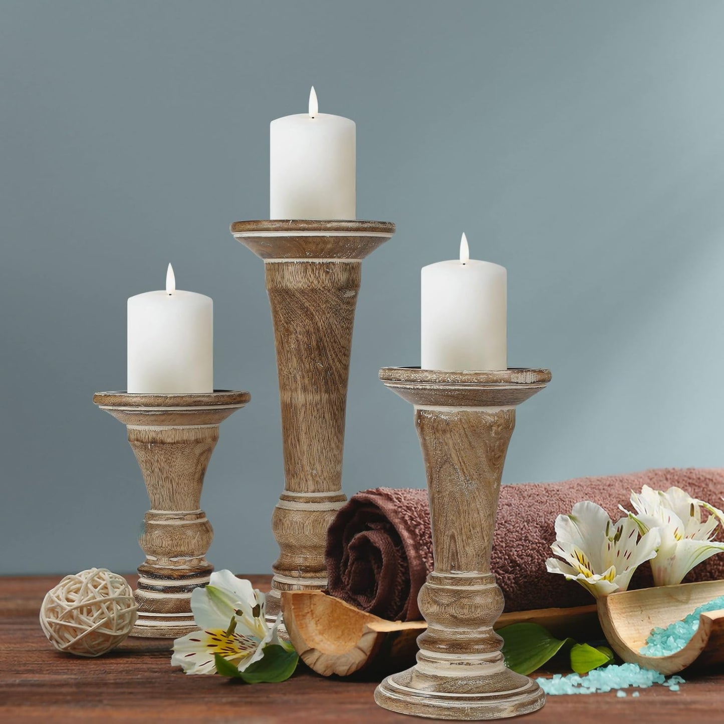 Homebia Design White Wash Mango Wood Candle Holder Set of 3 – 10, 8, 6 Inch