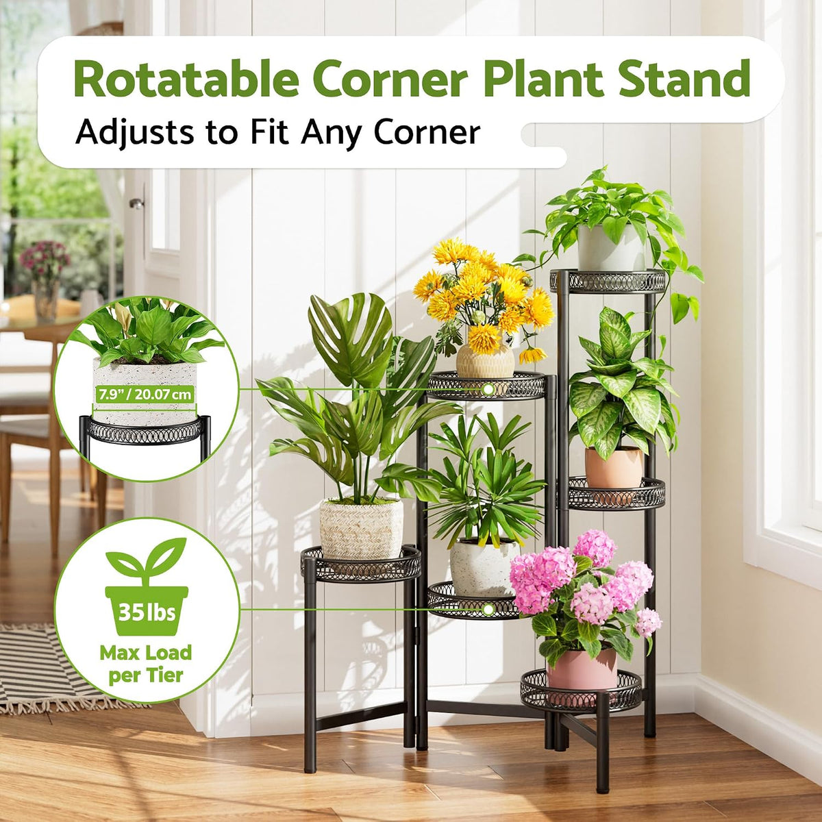 6 Tier Large Plant Stand Indoor with 7.9-Inch Wide Drainage Tray, Tiered Corner Metal Outdoor Flower Display Holder