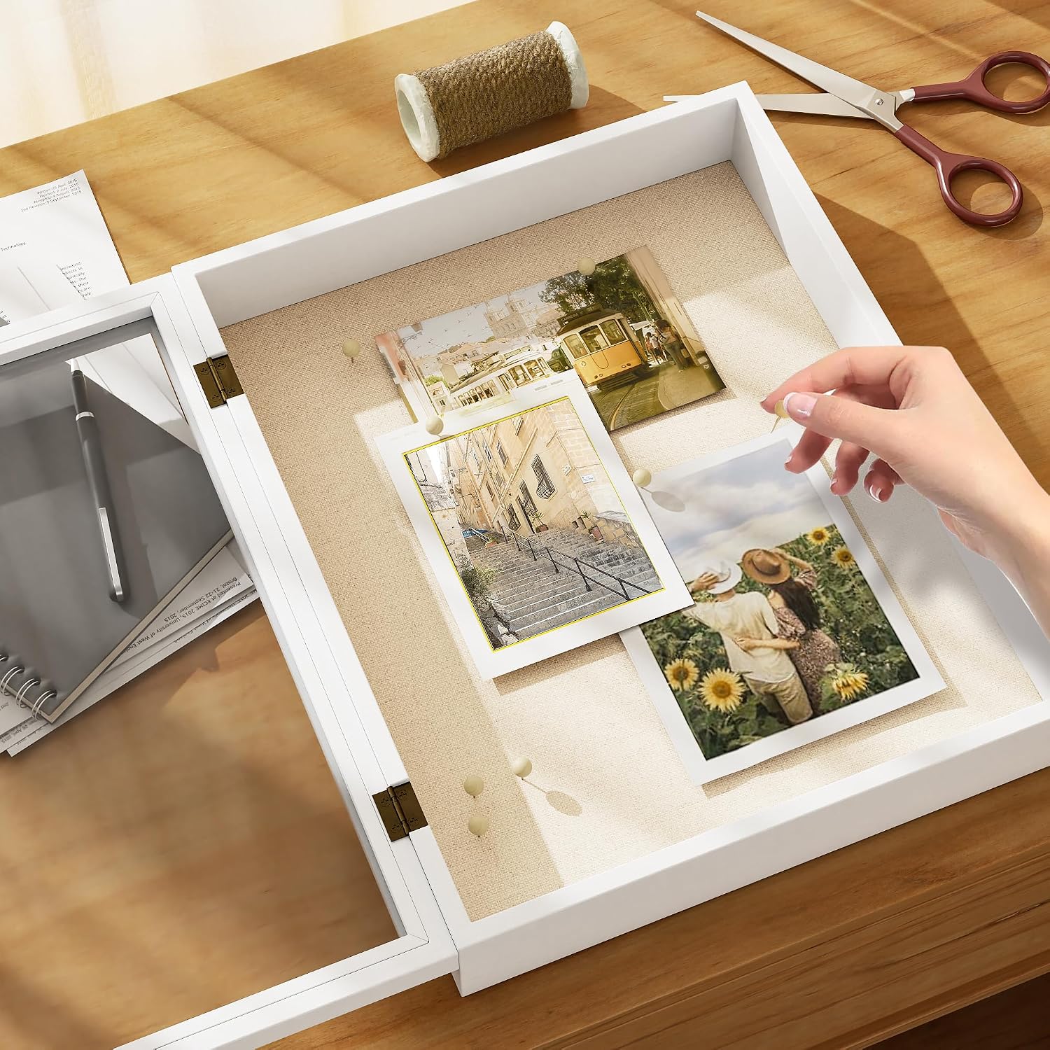 Love-KANKEI Deep Shadow Box 11x14,Wood Frame,Large Memory Box,Rustic White | Front-Opening Glass Magnetic Door,Linen