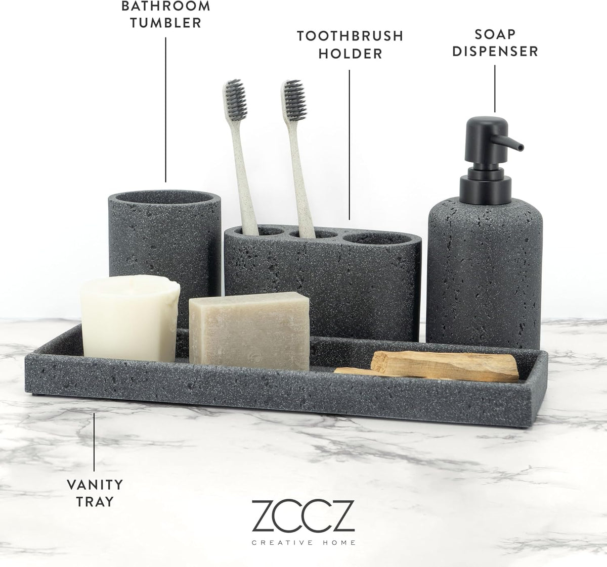 Black Bathroom Accessories Set 4 Pcs - Toothbrush Holder, Soap Dispenser, Vanity Tray, Bathroom Tumbler - Countertop