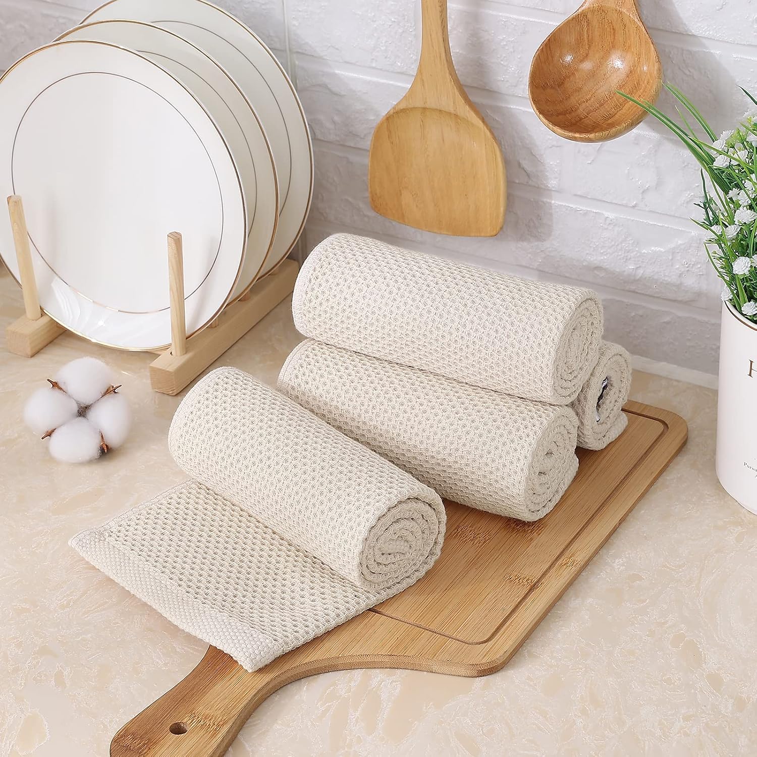 Kitinjoy 100% Cotton Waffle 8-Pack Kitchen Towels, 13" x 28", Beige | Super Soft, Ultra-Absorbent, Fast Drying