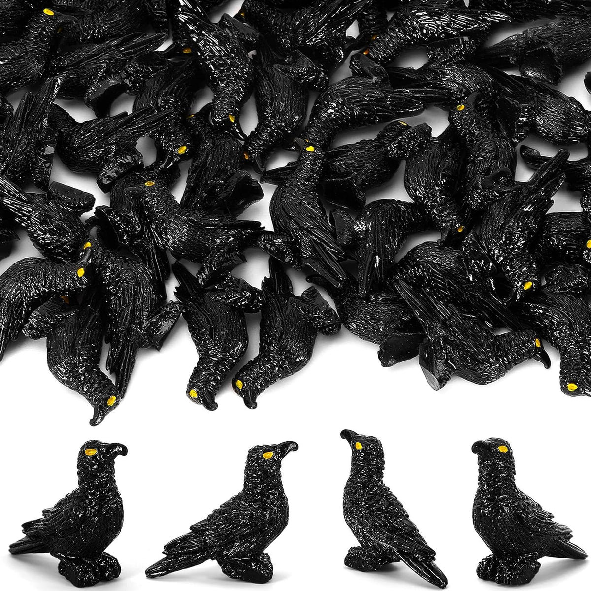 JUNEBRUSHS 50 Pcs Black Mini Resin Crow Halloween Table Decorations
