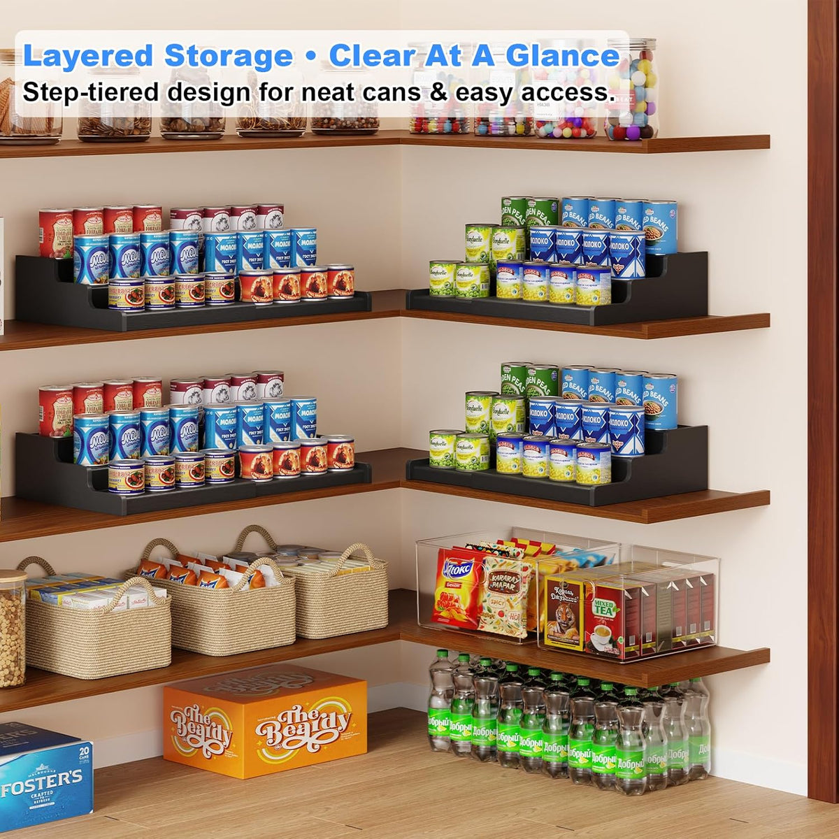 3-Tier Expandable Bamboo Can Organizer for Pantry, Holds 24 Cans, Black | Adjustable Can Storage Rack for Pantry, Can