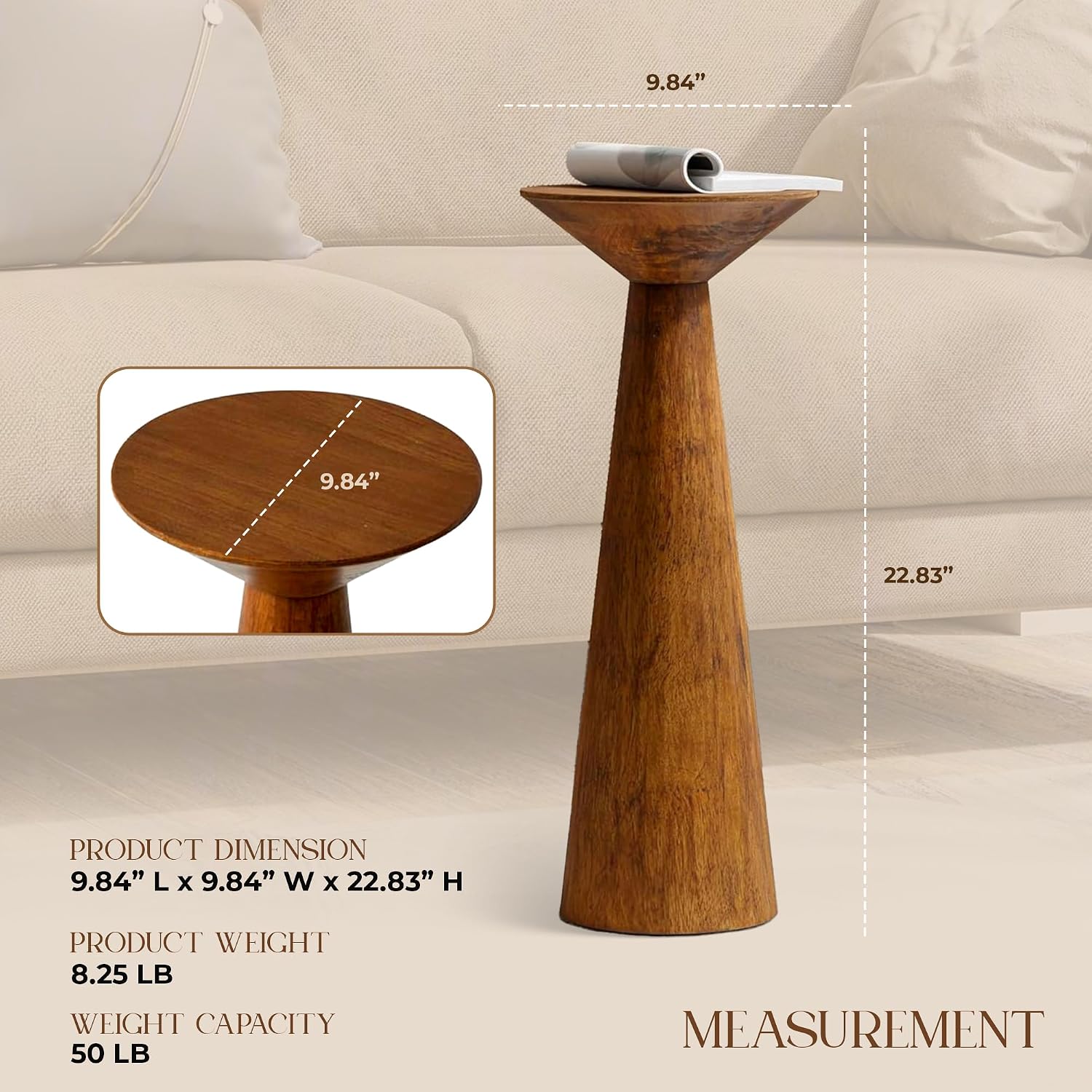 Solid Pine Wood Pedestal Accent Drink Stand / Walnut