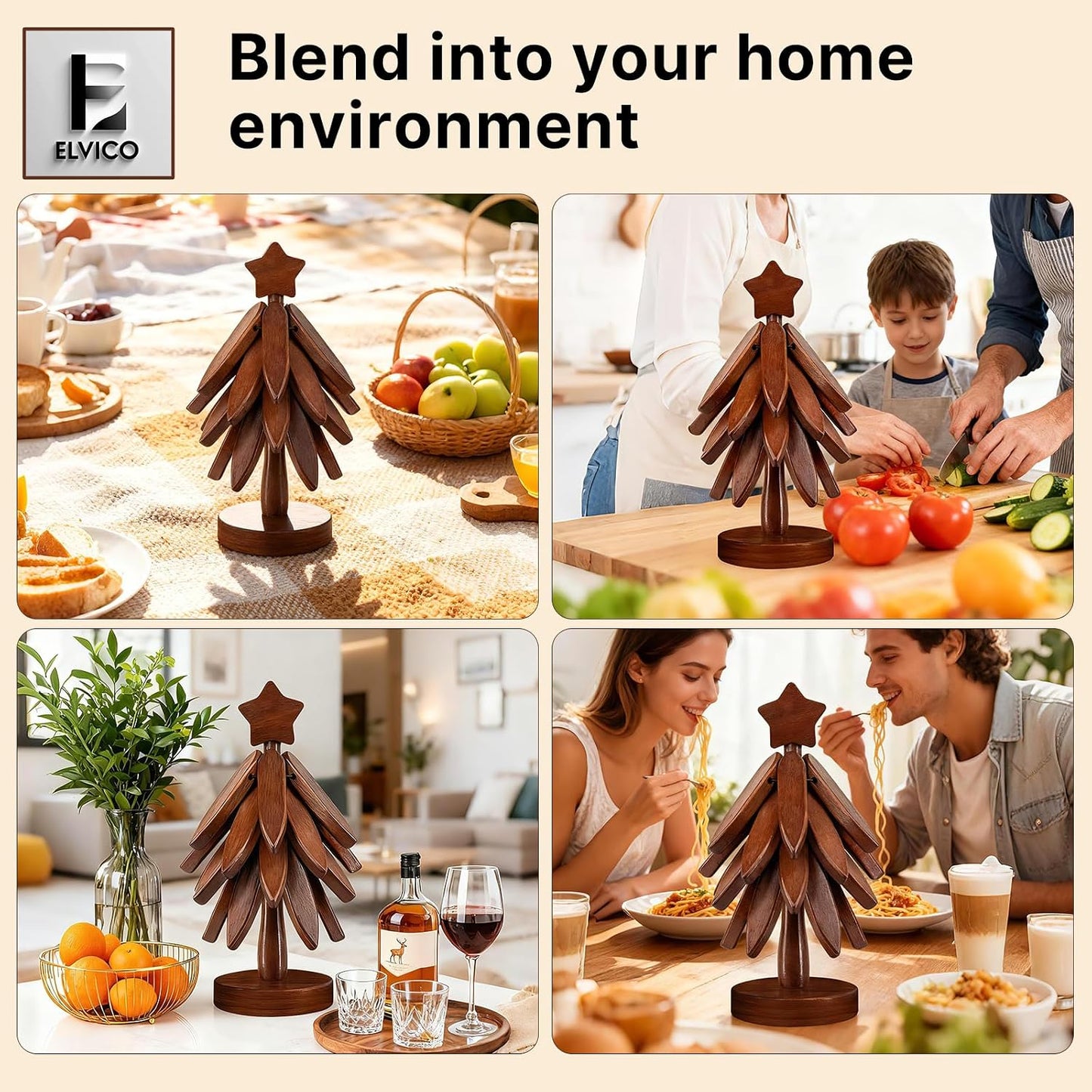 Wooden Tree Trivet + 1 Stand Stored Like a Christmas Tree / Set of 4