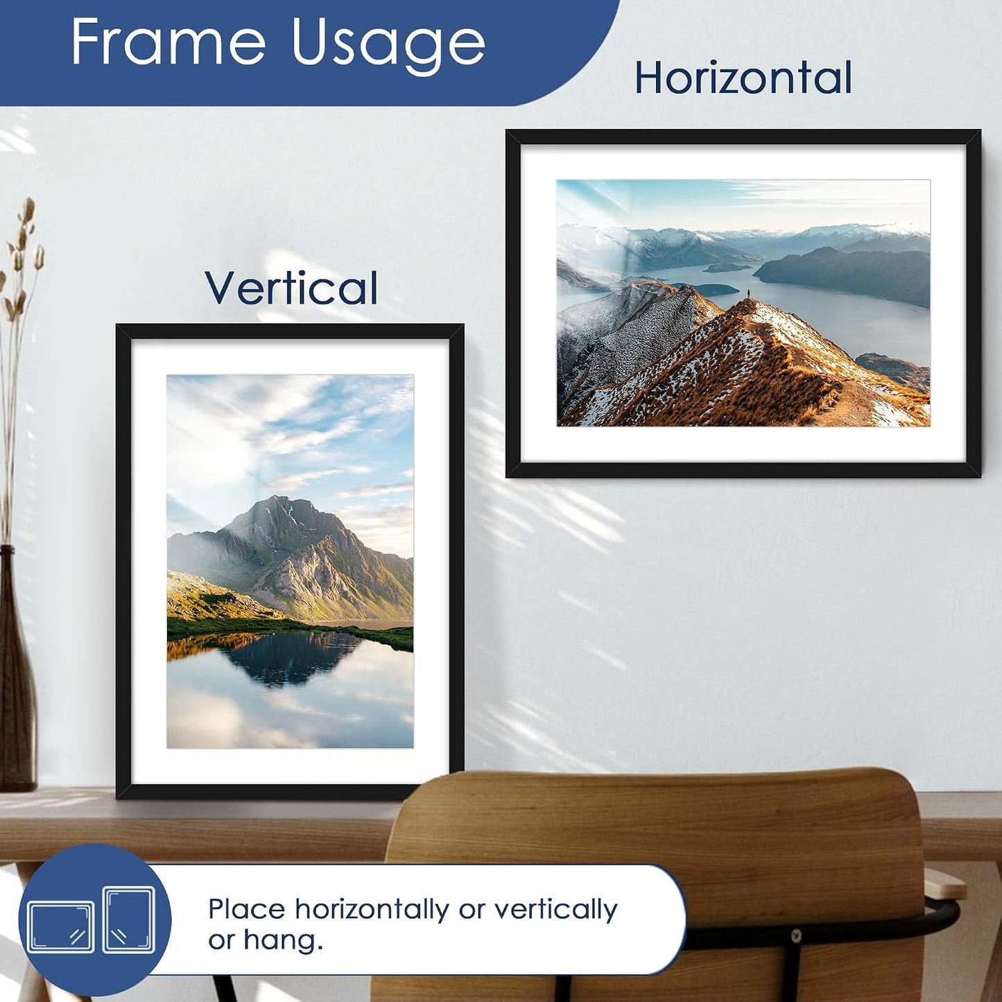 20x28 Picture Frame Set of 6, Wall Mount Display, Black | Display 16x24 with Mat or 20x28 Without Mat, Horizontal or