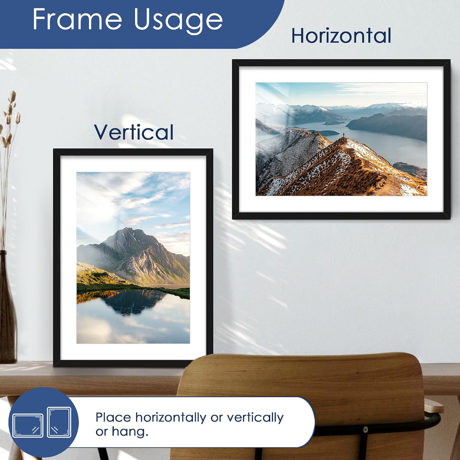 20x28 Picture Frame Set of 6, Wall Mount Display, Black | Display 16x24 with Mat or 20x28 Without Mat, Horizontal or