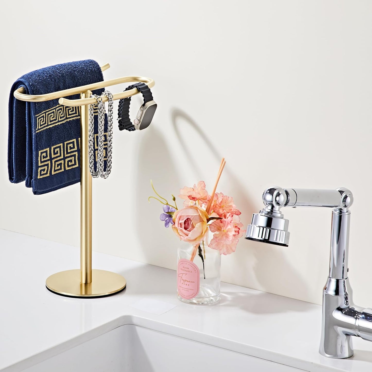 Light Brushed Gold Hand Towel Holder Stand, 13-Inch Tall Freestanding Towel Rack with Weighted Base, SUS304 Stainless