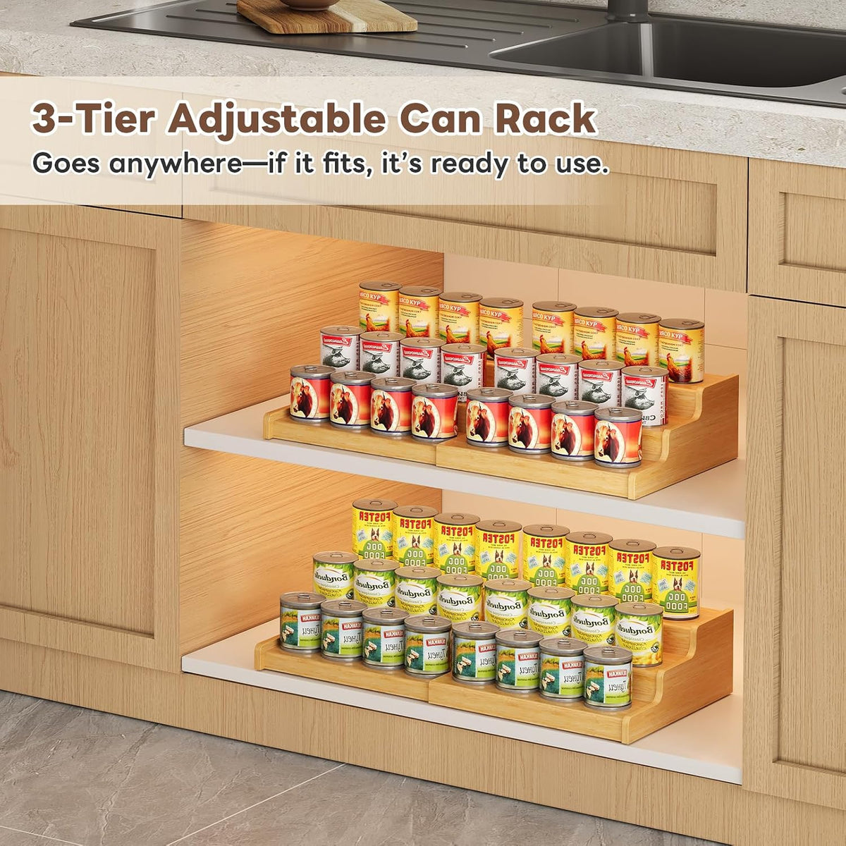 Expandable Bamboo Can Display Organizer for Pantry, 3-Tier Can Storage | Easy-Access Adjustable Can Shelf for Cabinets