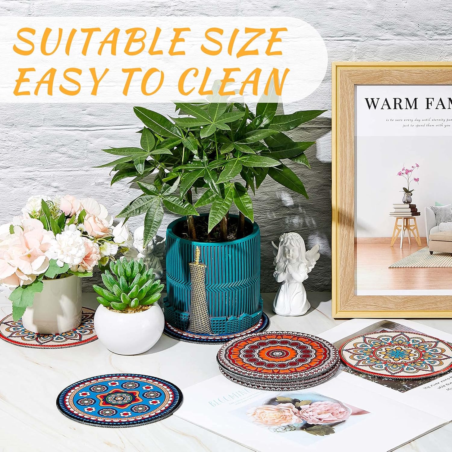 7.87" Boho Plant Coasters Large Rubber Absorbent Non Slip Pot Mats / Fashion / 8 Inch / Set of 6