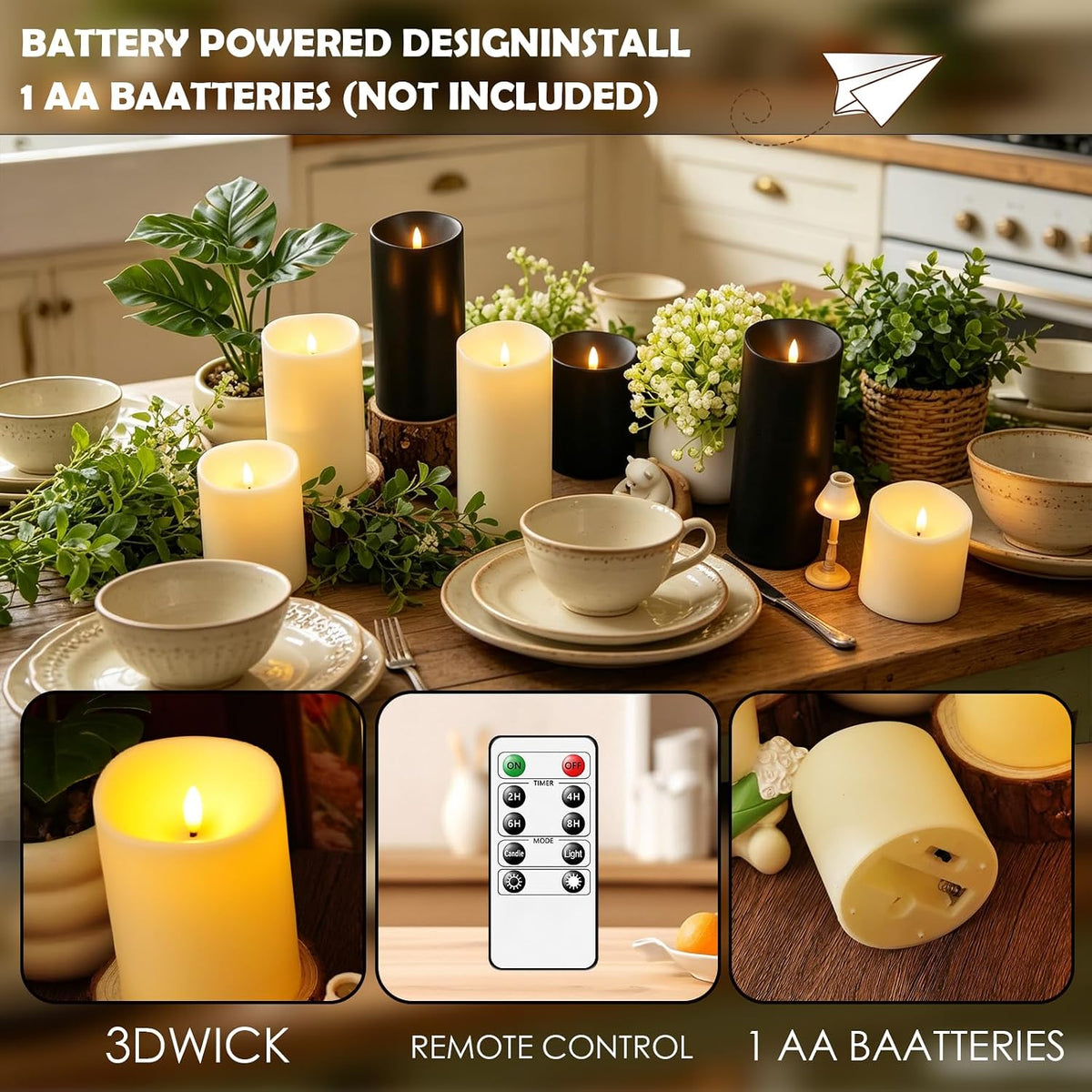 kakoya Flameless Candles with Remote Control and Timer,Flickering Battery Operated LED Pillar Candles Plastic Set of