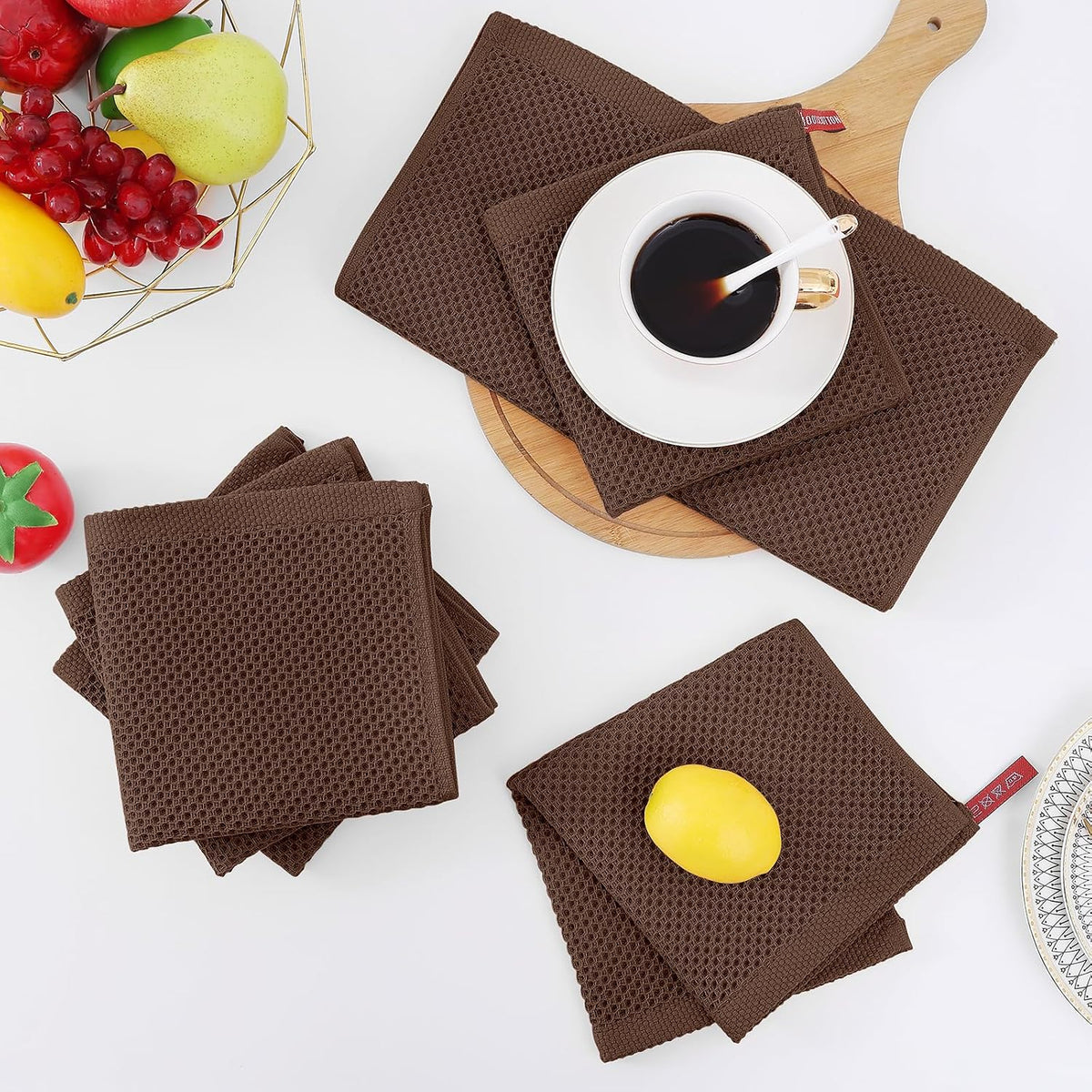 Homaxy 100% Cotton Waffle Weave Kitchen Dish Cloths 12-Pack, Coffee | 12 x 12 Inches, Ultra Soft Absorbent Dish Towels