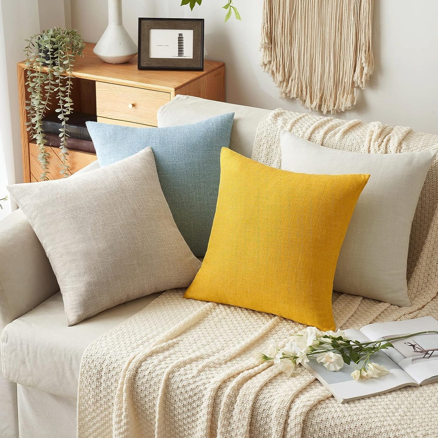 Decorative Linen Burlap Textured Pillow Covers Farmhouse Boho / 18 x 18 / Bright Yellow / Set of 2