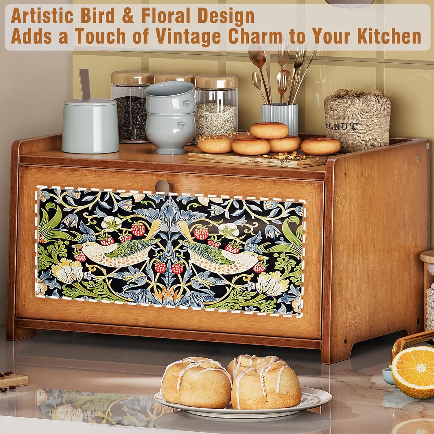 Trironsun Bamboo Bread Box for Kitchen Counter Black Bread Storage Container with Acrylic Door William Morris Flower