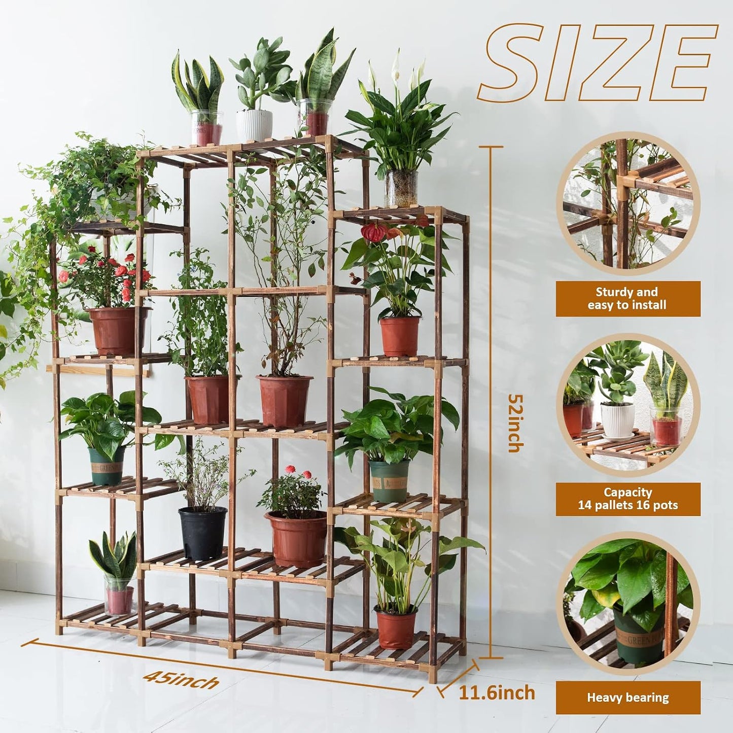 Plant Stand Indoor Outdoor, 14 Tiered Plant Shelf Wood Plant Rack | Tall Plant Holder for Multiple Plants, Large Ladder